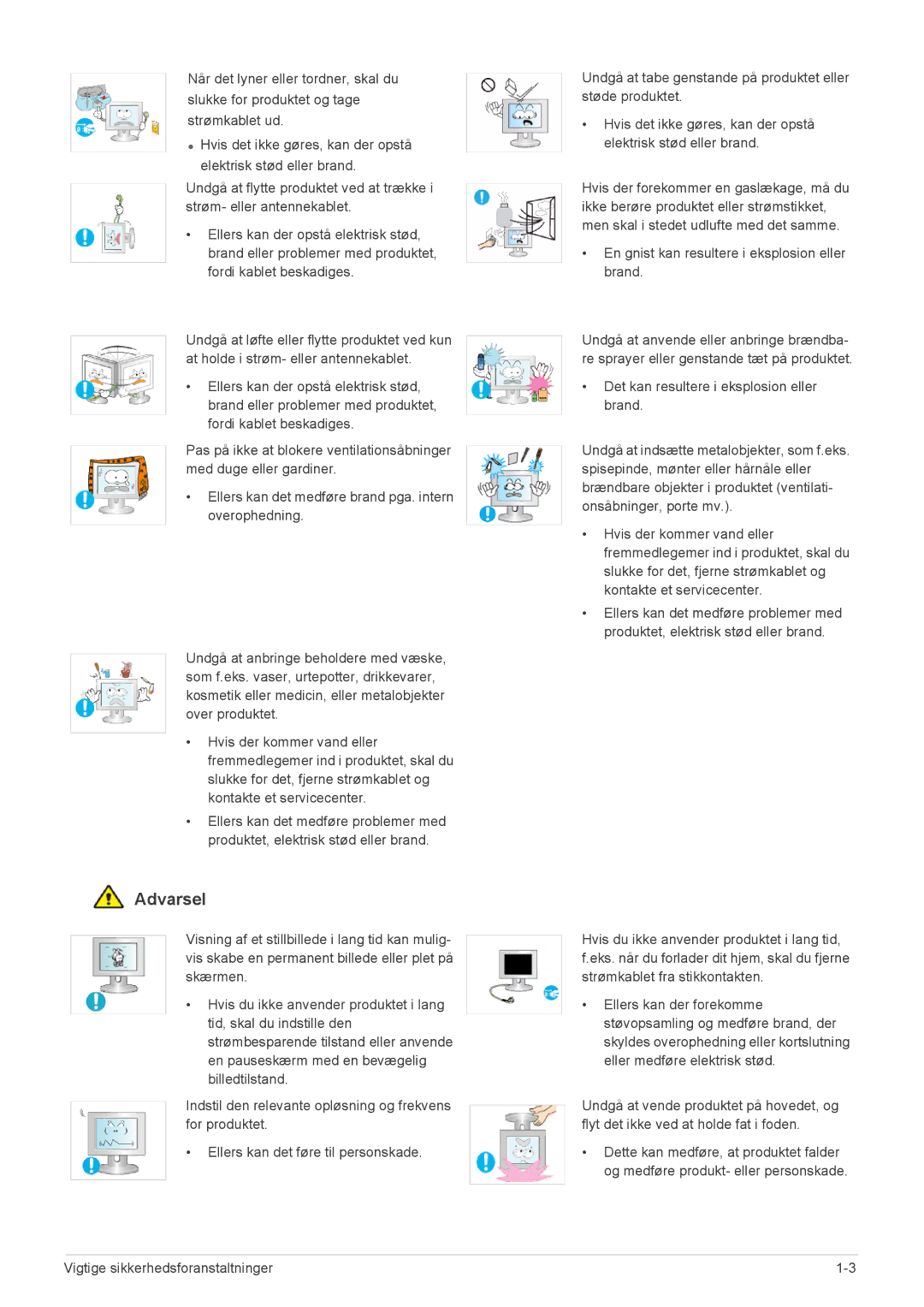 Samsung LF24PPBCB/EN, LF19PPBCB/EN manual Vigtige sikkerhedsforanstaltninger 