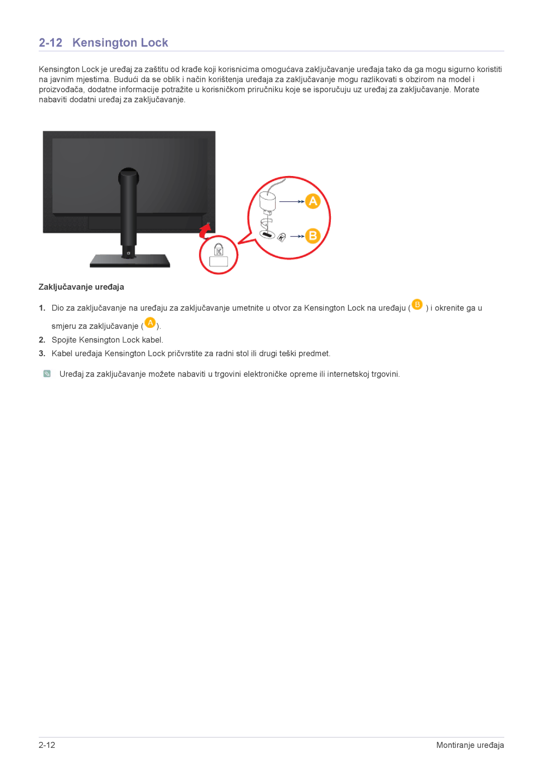 Samsung LF19PPBCB/EN manual Kensington Lock, Zaključavanje uređaja 