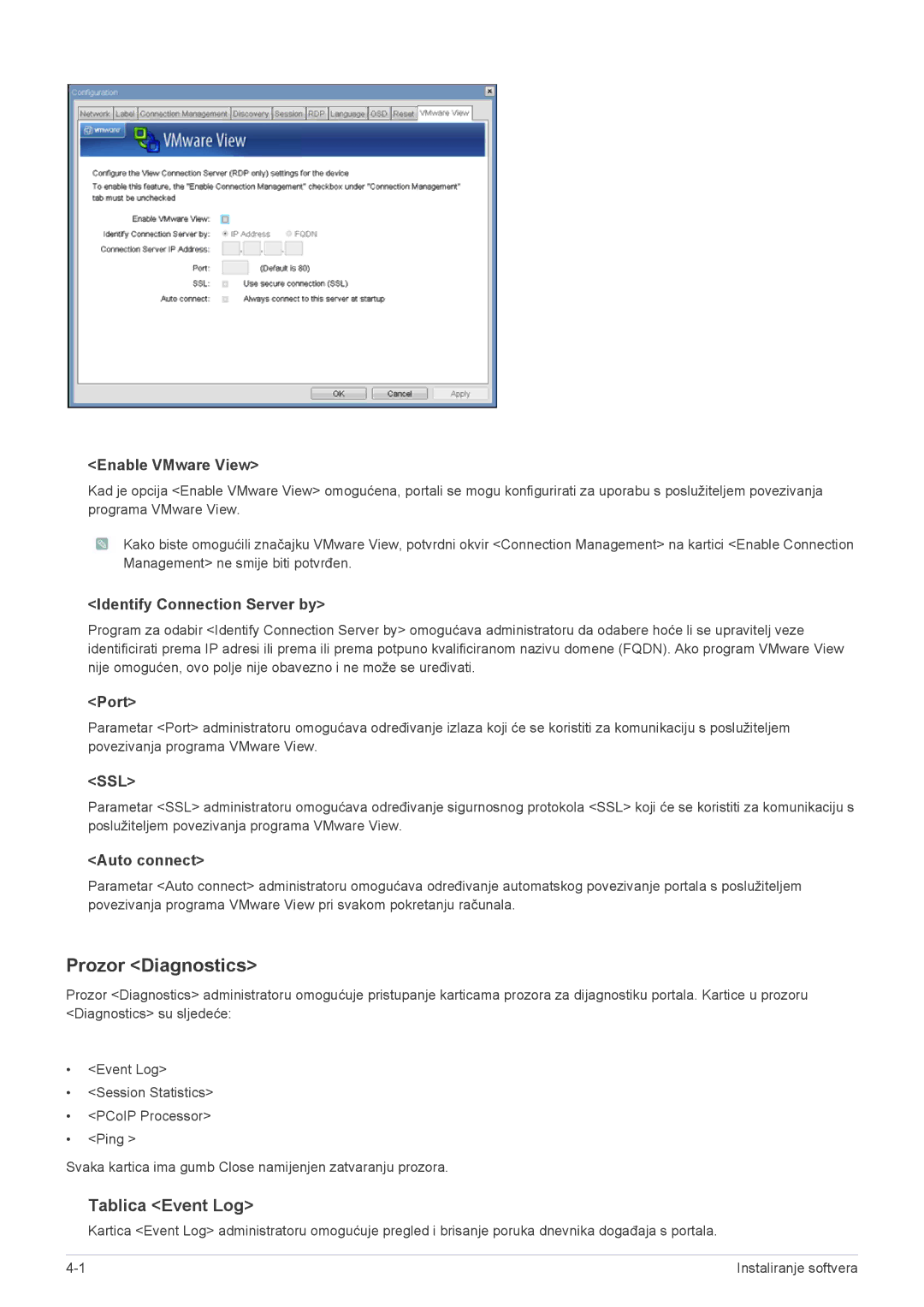 Samsung LF19PPBCB/EN manual Prozor Diagnostics, Tablica Event Log 