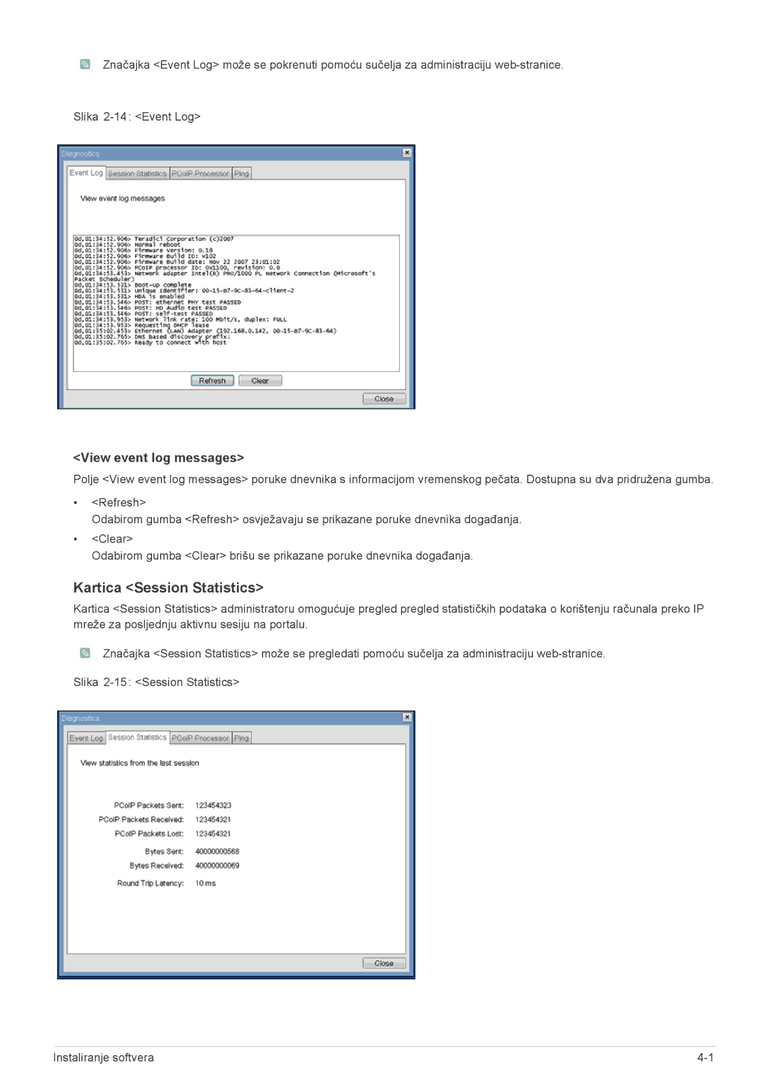 Samsung LF19PPBCB/EN manual Kartica Session Statistics, View event log messages 