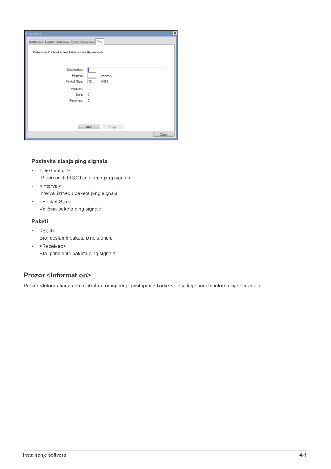 Samsung LF19PPBCB/EN manual Prozor Information, Postavke slanja ping signala, Paketi 