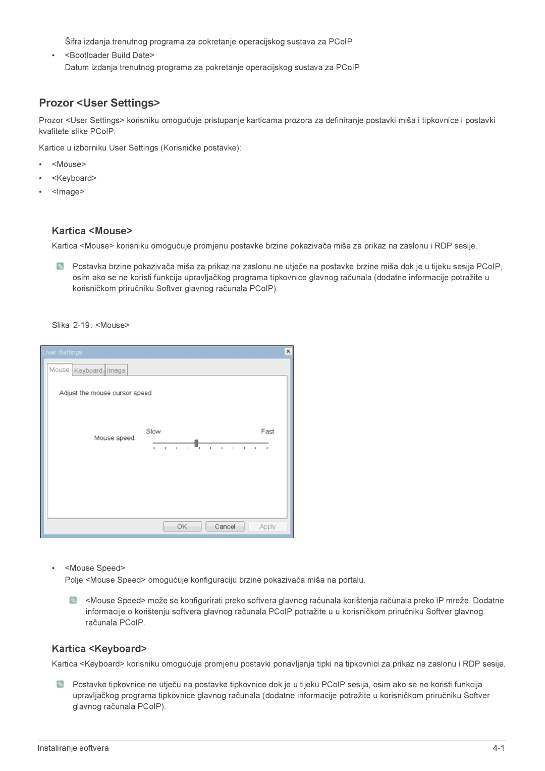 Samsung LF19PPBCB/EN manual Prozor User Settings, Kartica Mouse, Kartica Keyboard 