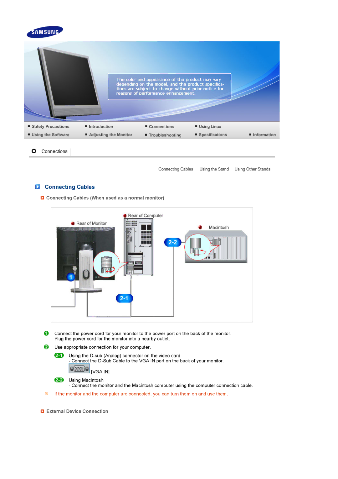 Samsung LF17SPZLSE/EDC, LF19SPZLSE/EDC Connecting Cables When used as a normal monitor, External Device Connection 