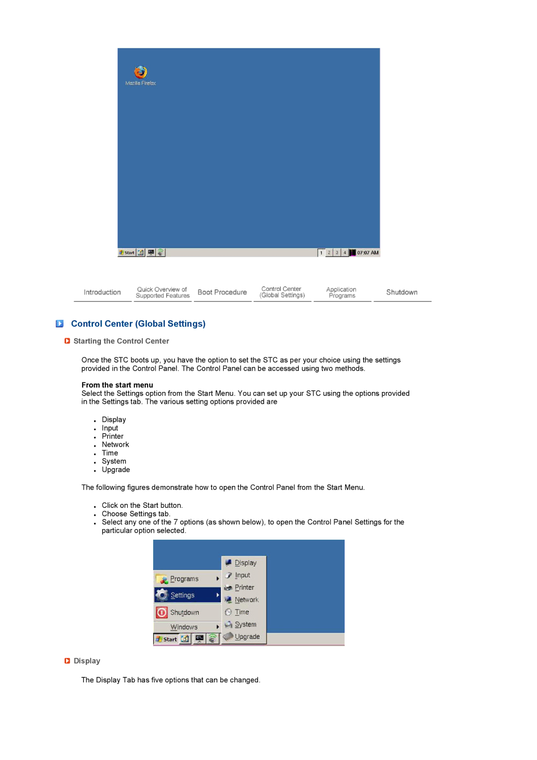 Samsung LF17SPZLSE/EDC manual Control Center Global Settings, Starting the Control Center, From the start menu, Display 