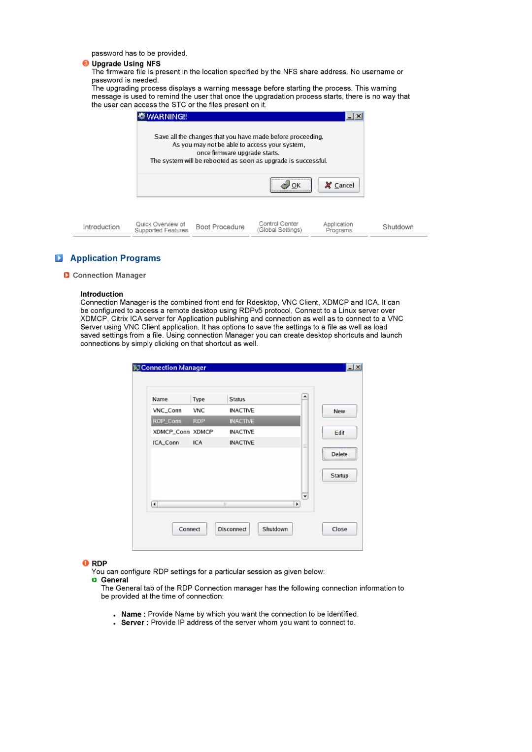 Samsung LF19SPZLSE/EDC, LF17SPZLSE/EDC Application Programs, Upgrade Using NFS, Connection Manager, Introduction, General 