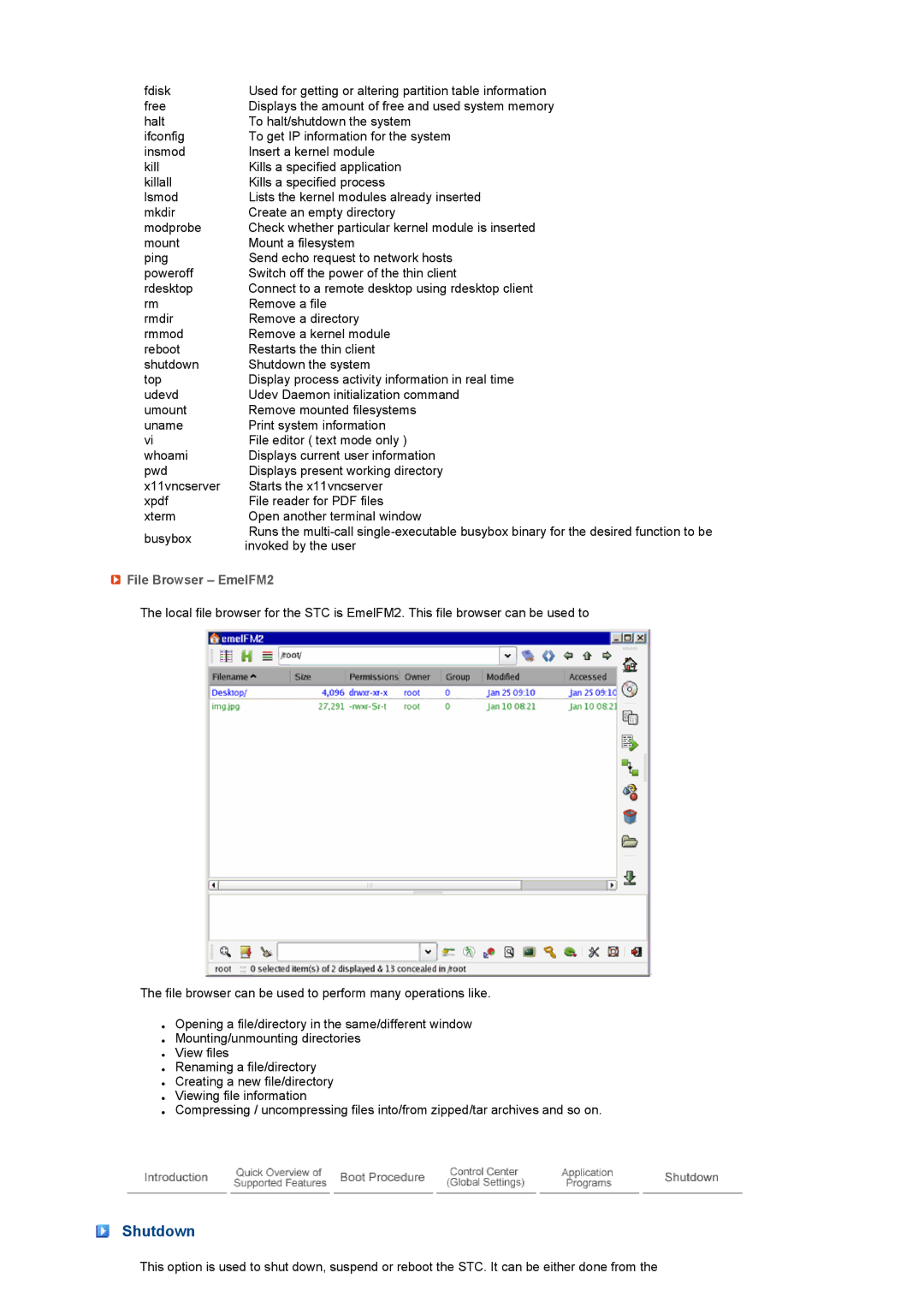 Samsung LF19SPZLSE/EDC, LF17SPZLSE/EDC manual Shutdown, File Browser EmelFM2 