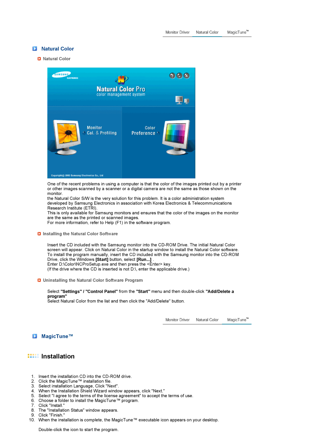 Samsung LF17SPZLSE/EDC, LF19SPZLSE/EDC manual MagicTune, Installing the Natural Color Software 