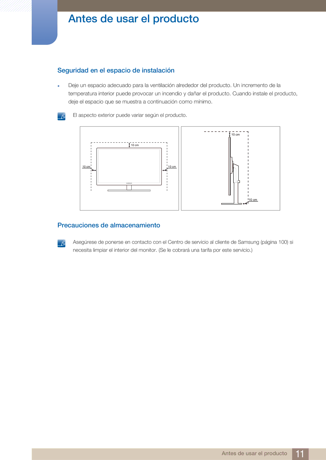 Samsung LF24TOWHBDM/EN, LF19TOWHBDM/EN manual Seguridad en el espacio de instalación, Precauciones de almacenamiento 