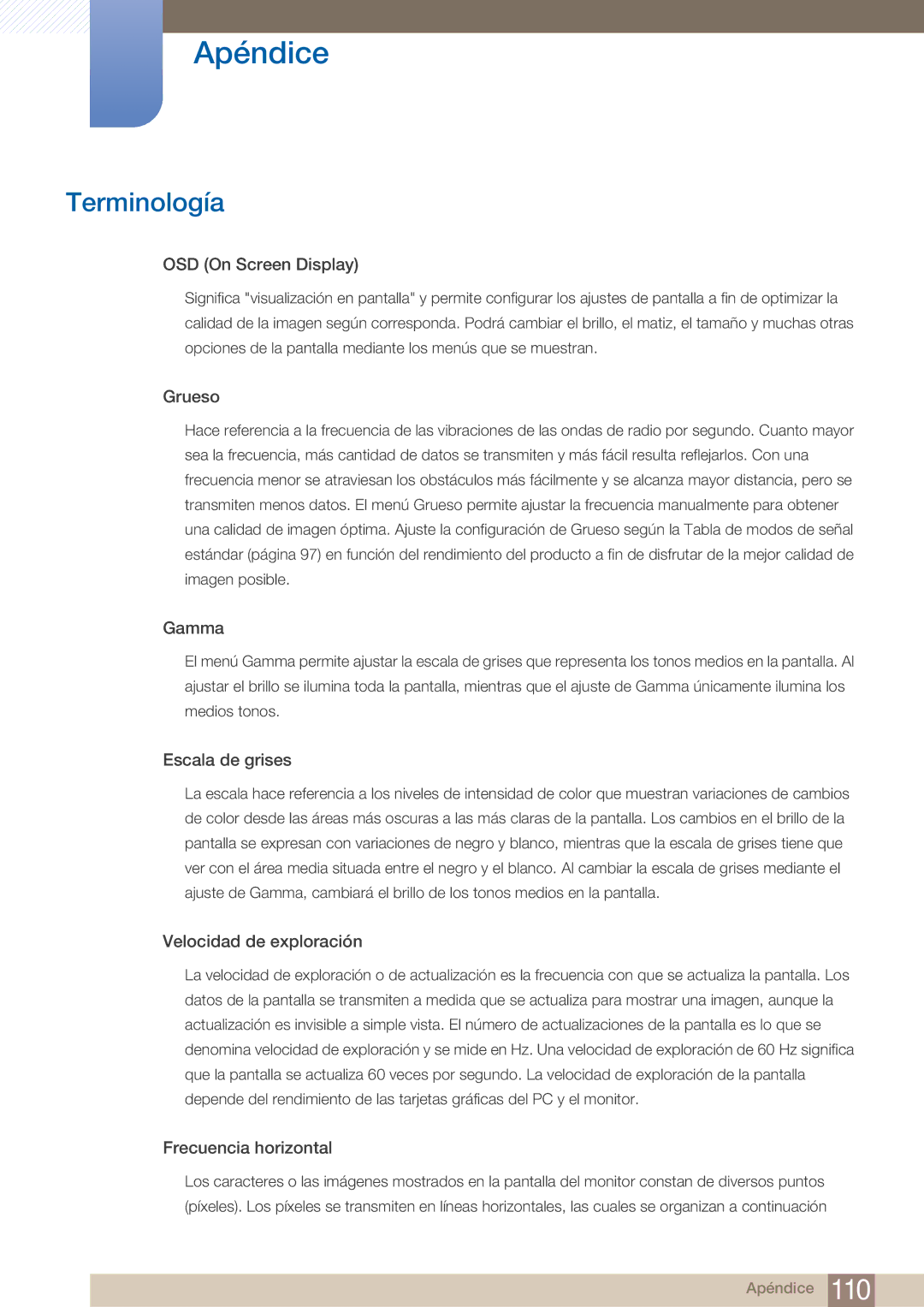 Samsung LF24TOWHBDM/EN, LF19TOWHBDM/EN, LF19TOWHBFM/EN manual Terminología, OSD On Screen Display 