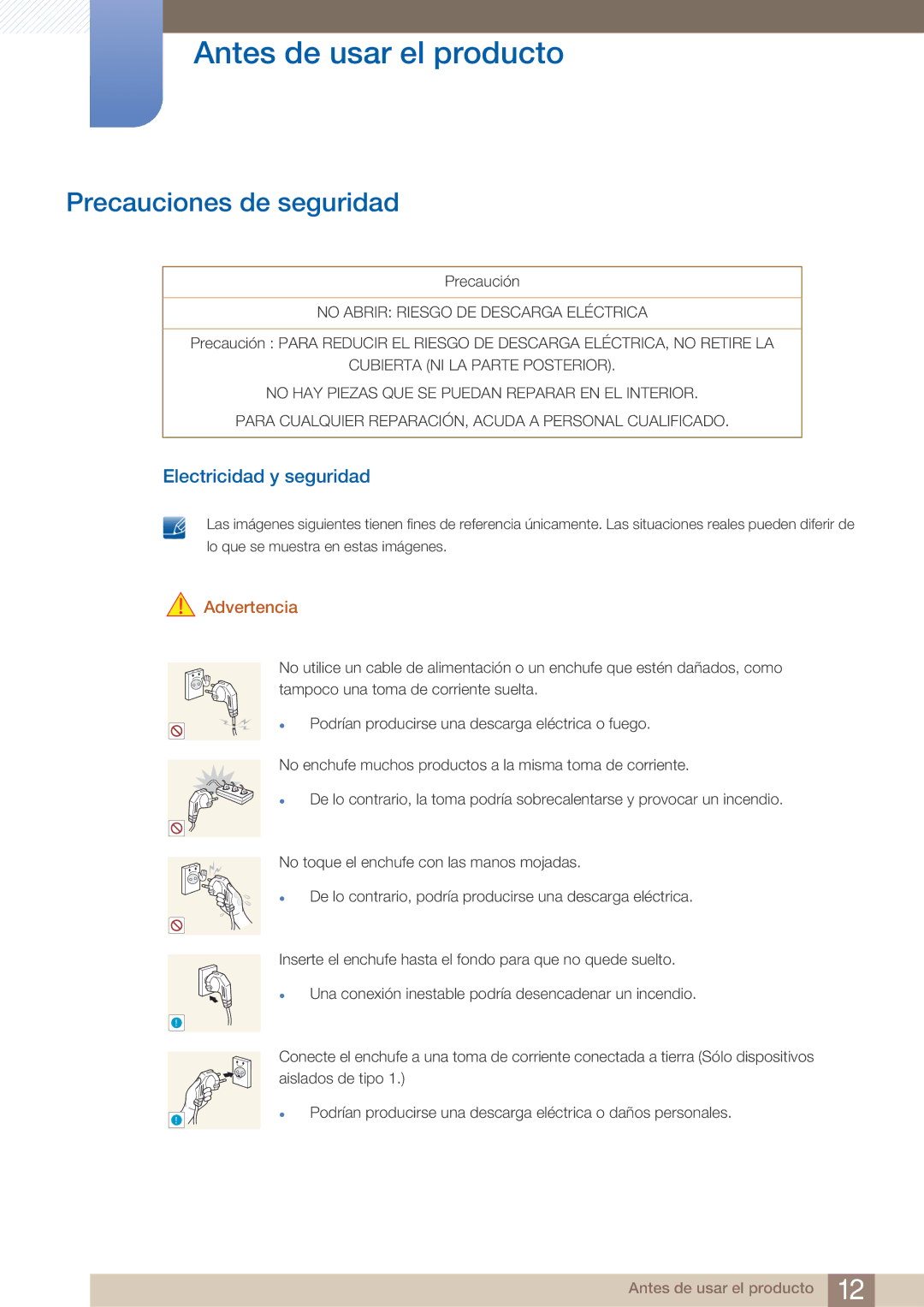 Samsung LF19TOWHBDM/EN, LF19TOWHBFM/EN, LF24TOWHBDM/EN Precauciones de seguridad, Electricidad y seguridad, Advertencia 