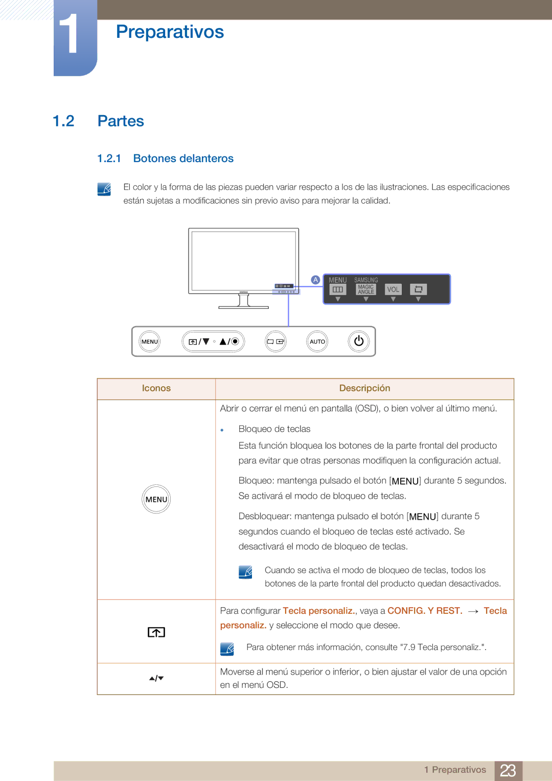 Samsung LF24TOWHBDM/EN, LF19TOWHBDM/EN, LF19TOWHBFM/EN manual Partes, Botones delanteros 