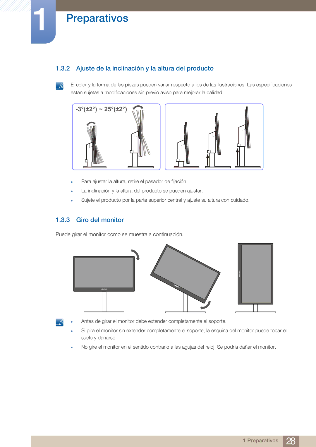 Samsung LF19TOWHBFM/EN, LF19TOWHBDM/EN, LF24TOWHBDM/EN Ajuste de la inclinación y la altura del producto, Giro del monitor 