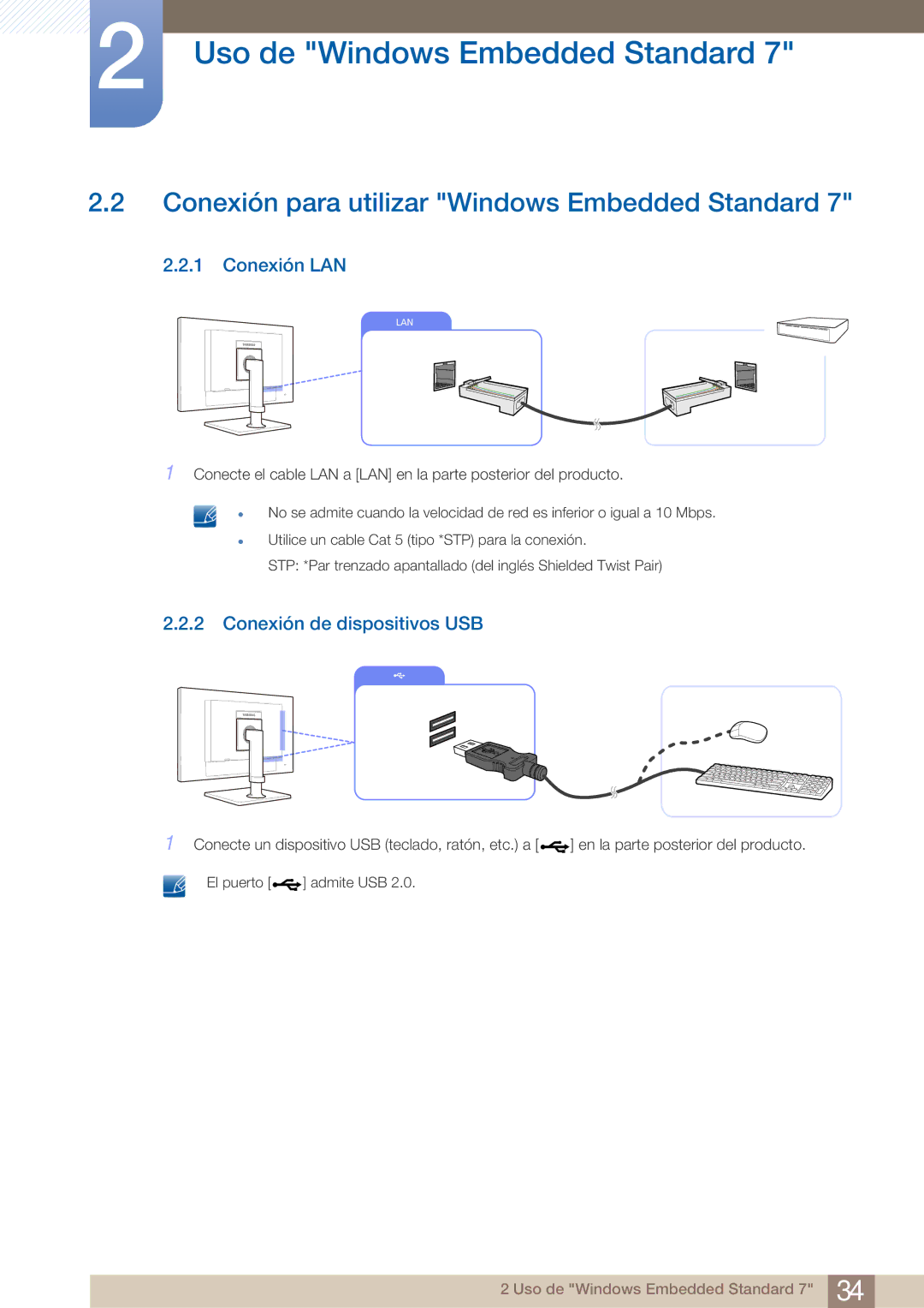 Samsung LF19TOWHBFM/EN manual Conexión para utilizar Windows Embedded Standard, Conexión LAN, Conexión de dispositivos USB 