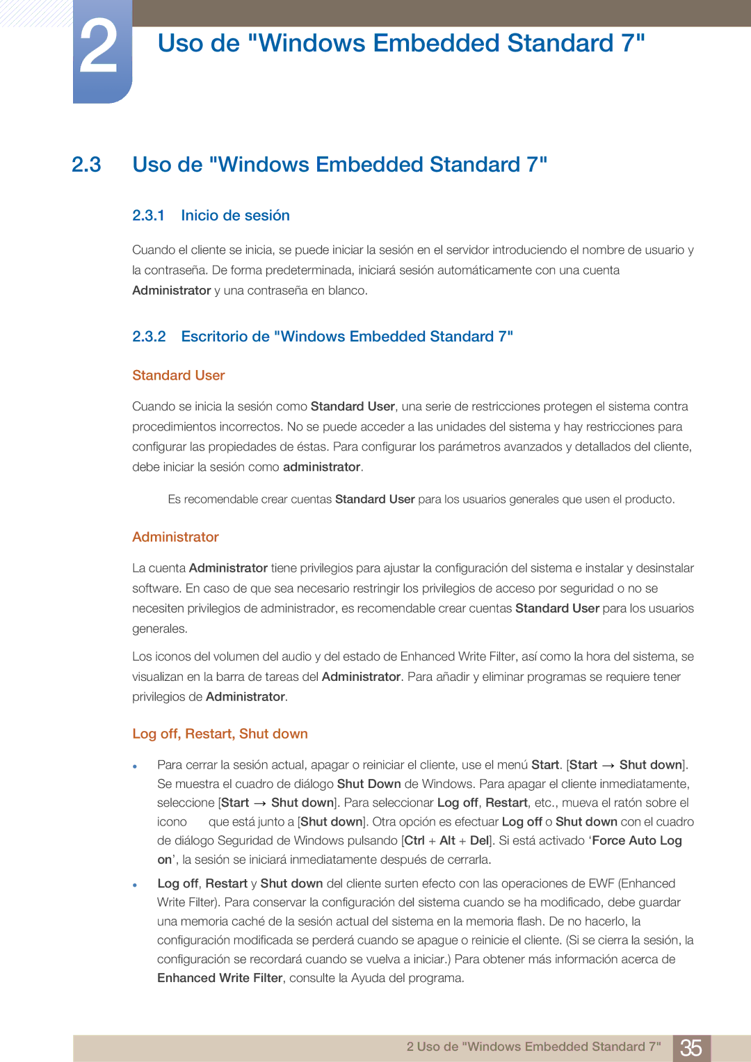 Samsung LF24TOWHBDM/EN manual Uso de Windows Embedded Standard, Inicio de sesión, Escritorio de Windows Embedded Standard 