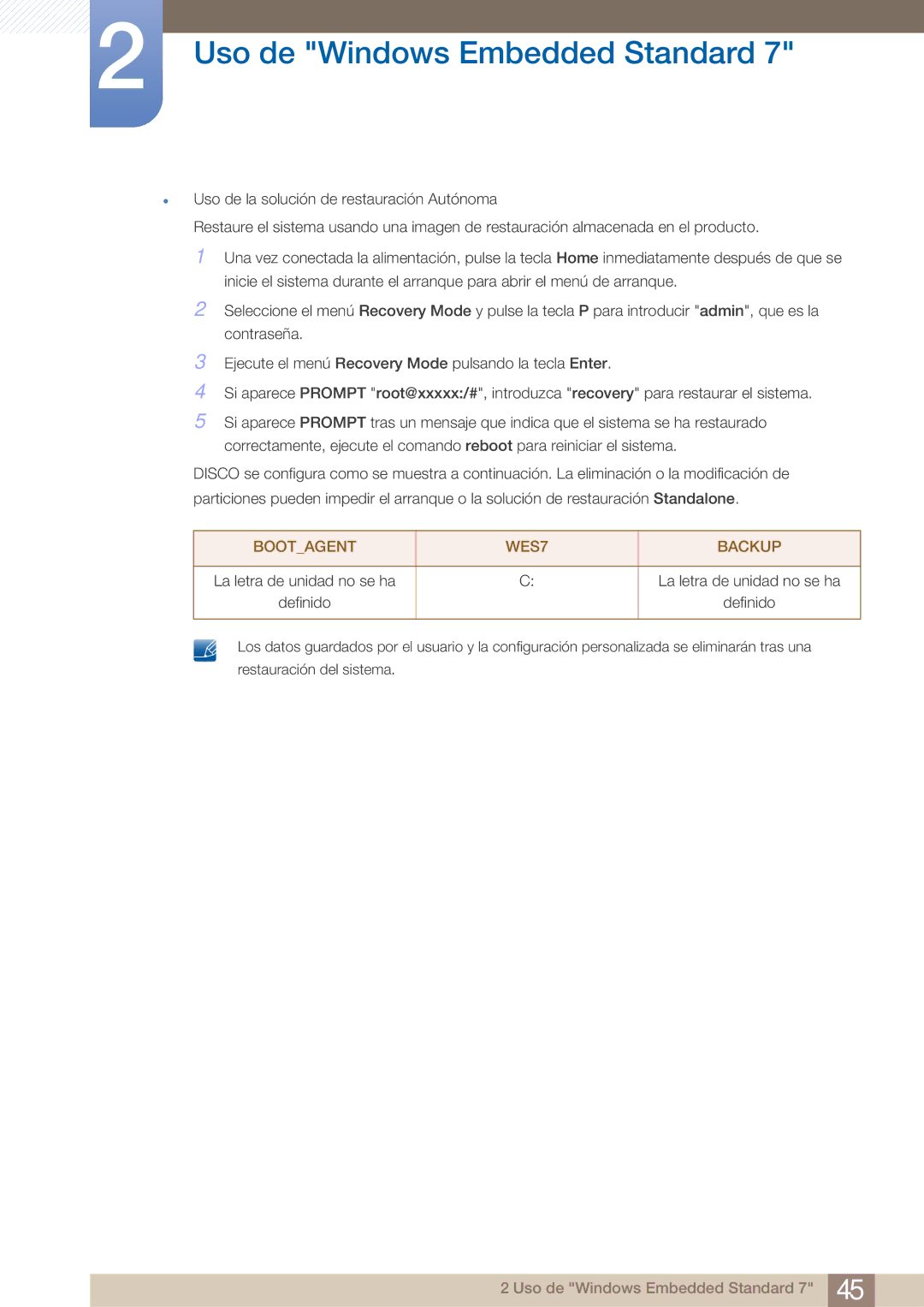 Samsung LF19TOWHBDM/EN, LF19TOWHBFM/EN, LF24TOWHBDM/EN manual Bootagent WES7 Backup 