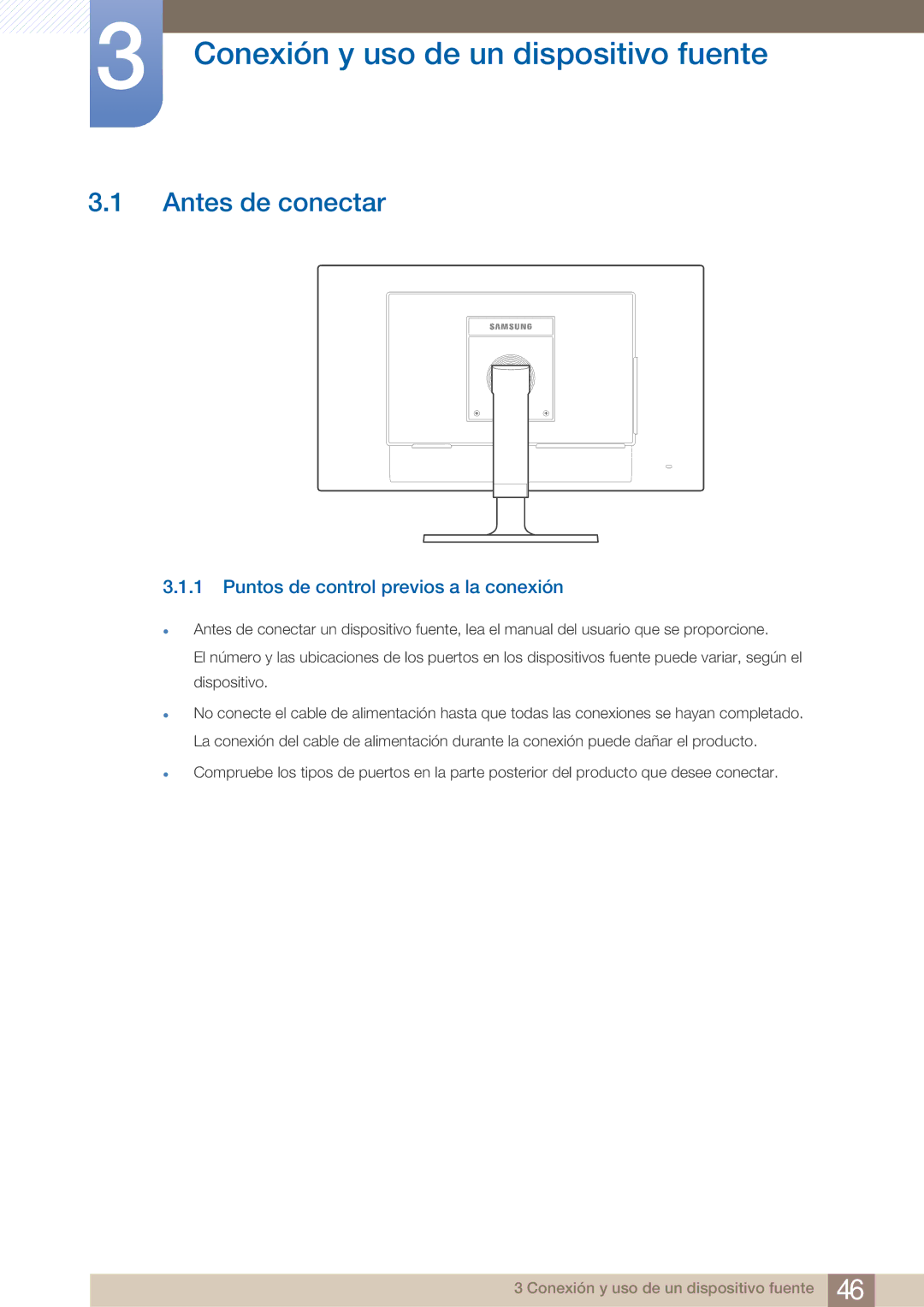 Samsung LF19TOWHBFM/EN Conexión y uso de un dispositivo fuente, Antes de conectar, Puntos de control previos a la conexión 