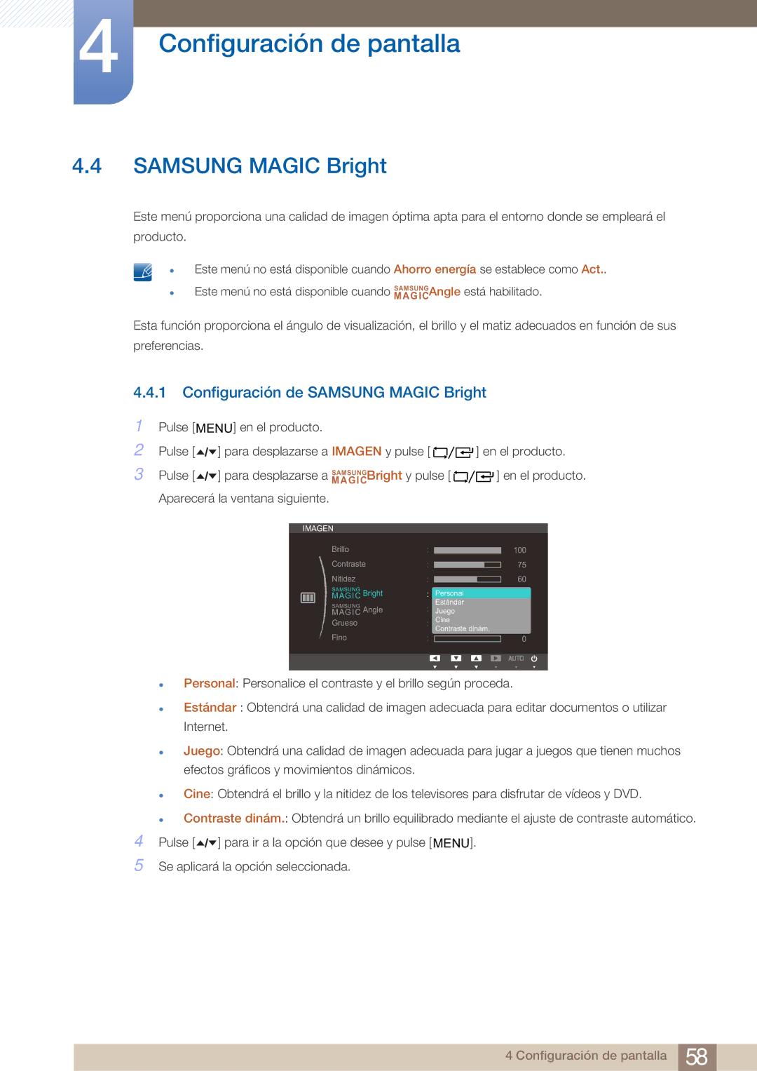 Samsung LF19TOWHBFM/EN, LF19TOWHBDM/EN, LF24TOWHBDM/EN manual Configuración de Samsung Magic Bright 