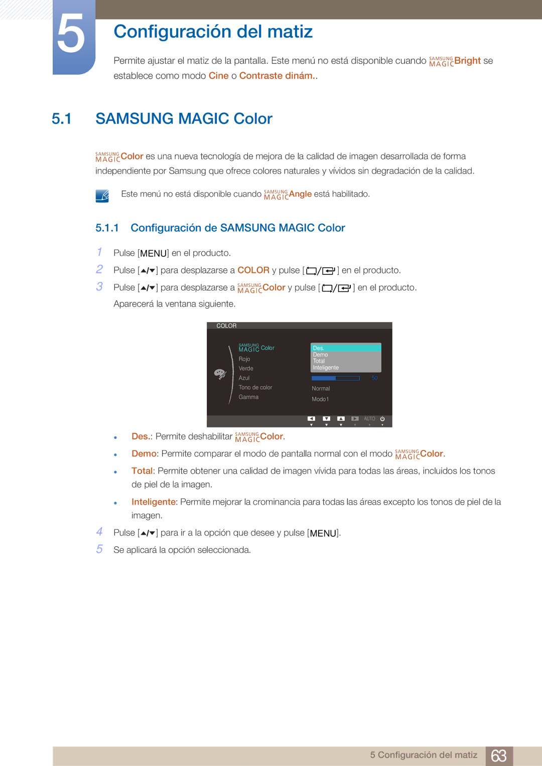 Samsung LF19TOWHBDM/EN, LF19TOWHBFM/EN, LF24TOWHBDM/EN Configuración del matiz, Configuración de Samsung Magic Color 