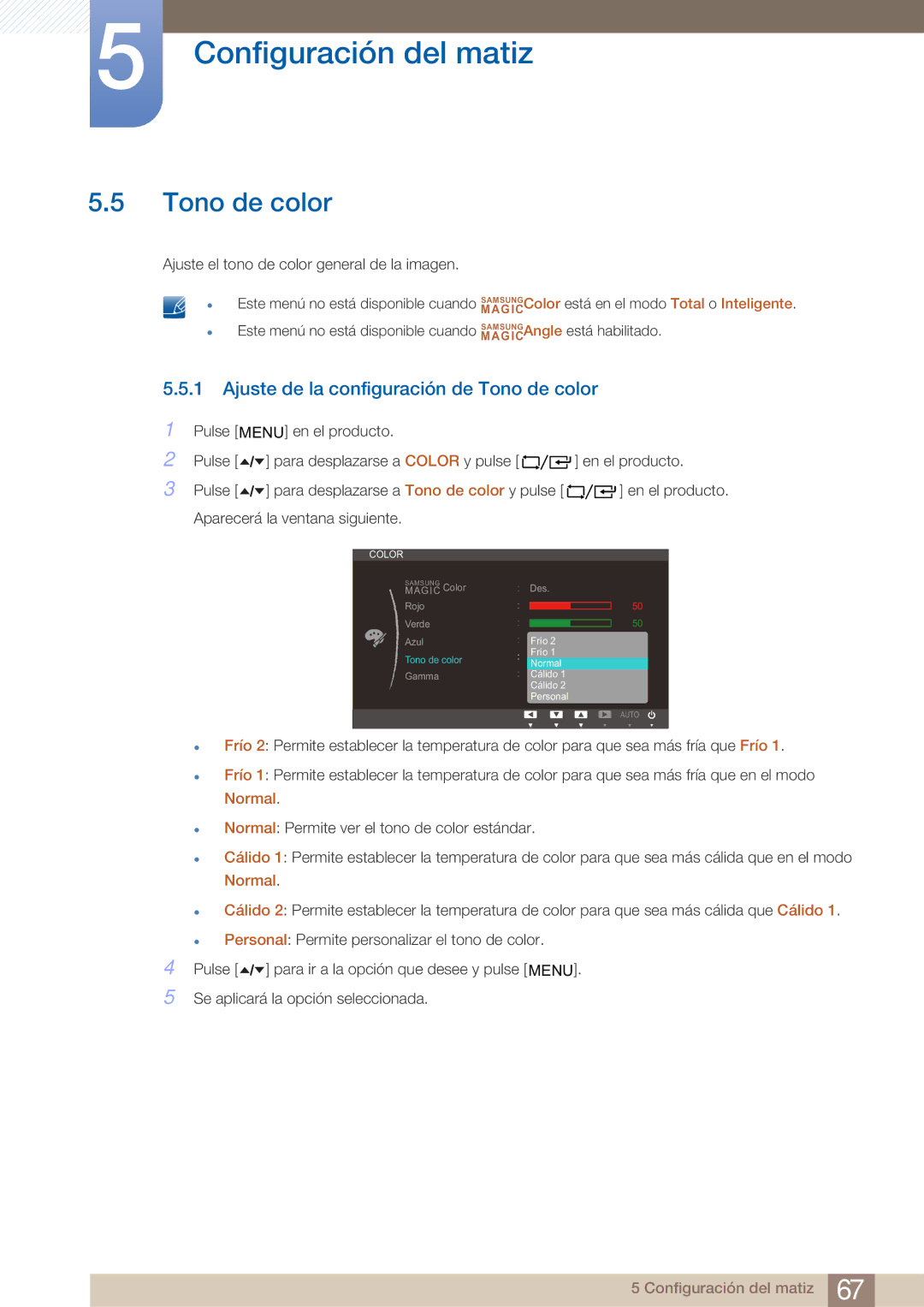 Samsung LF19TOWHBFM/EN, LF19TOWHBDM/EN, LF24TOWHBDM/EN manual Ajuste de la configuración de Tono de color 