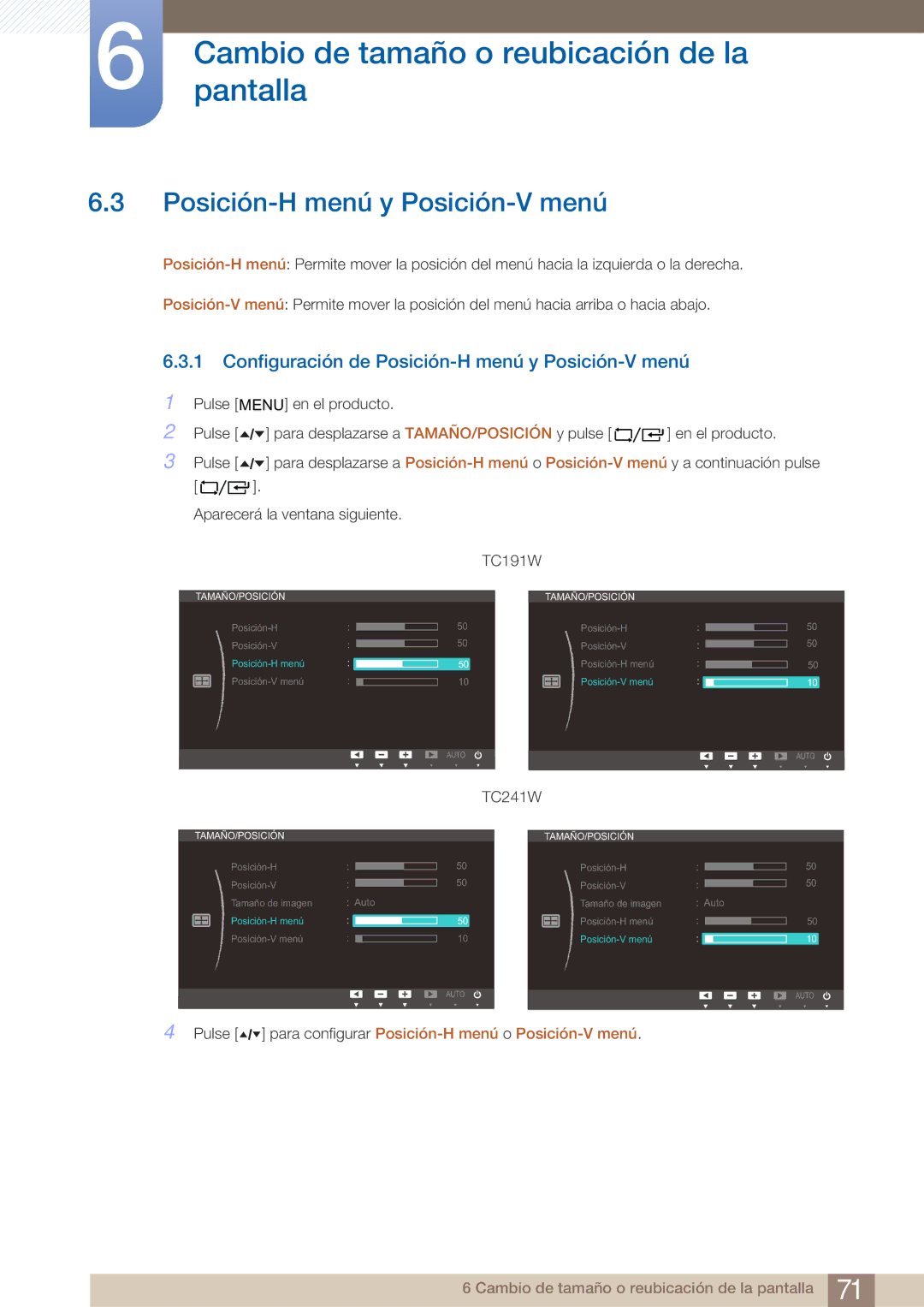 Samsung LF24TOWHBDM/EN, LF19TOWHBDM/EN, LF19TOWHBFM/EN manual Configuración de Posición-H menú y Posición-V menú 