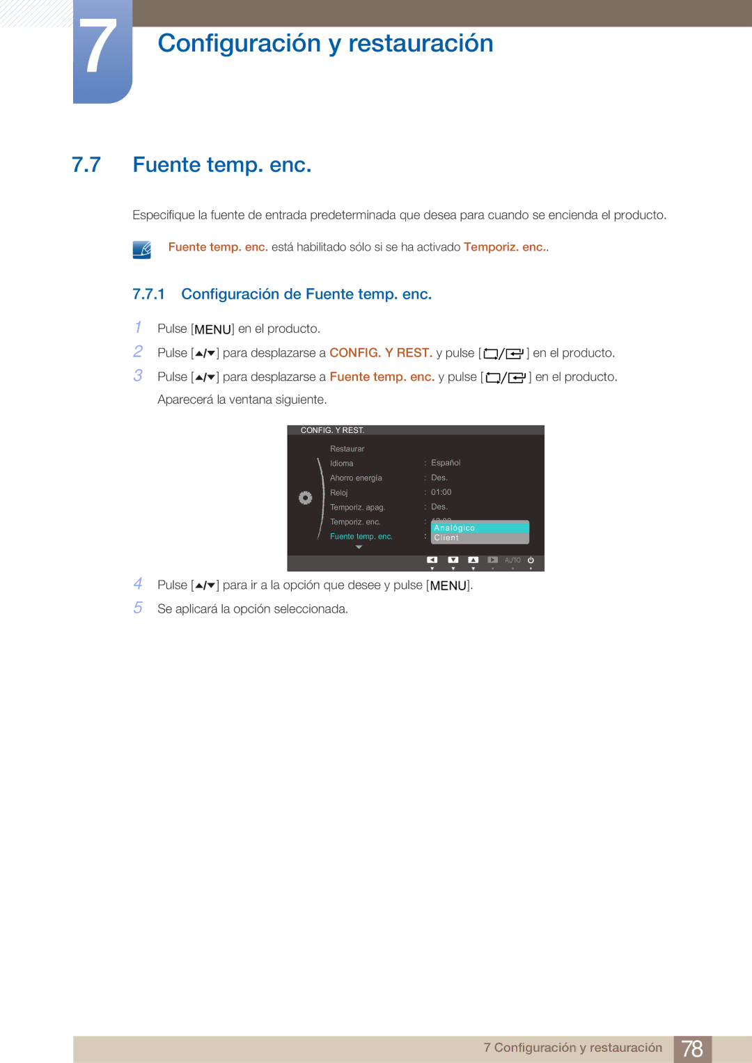 Samsung LF19TOWHBDM/EN, LF19TOWHBFM/EN, LF24TOWHBDM/EN manual Configuración de Fuente temp. enc 