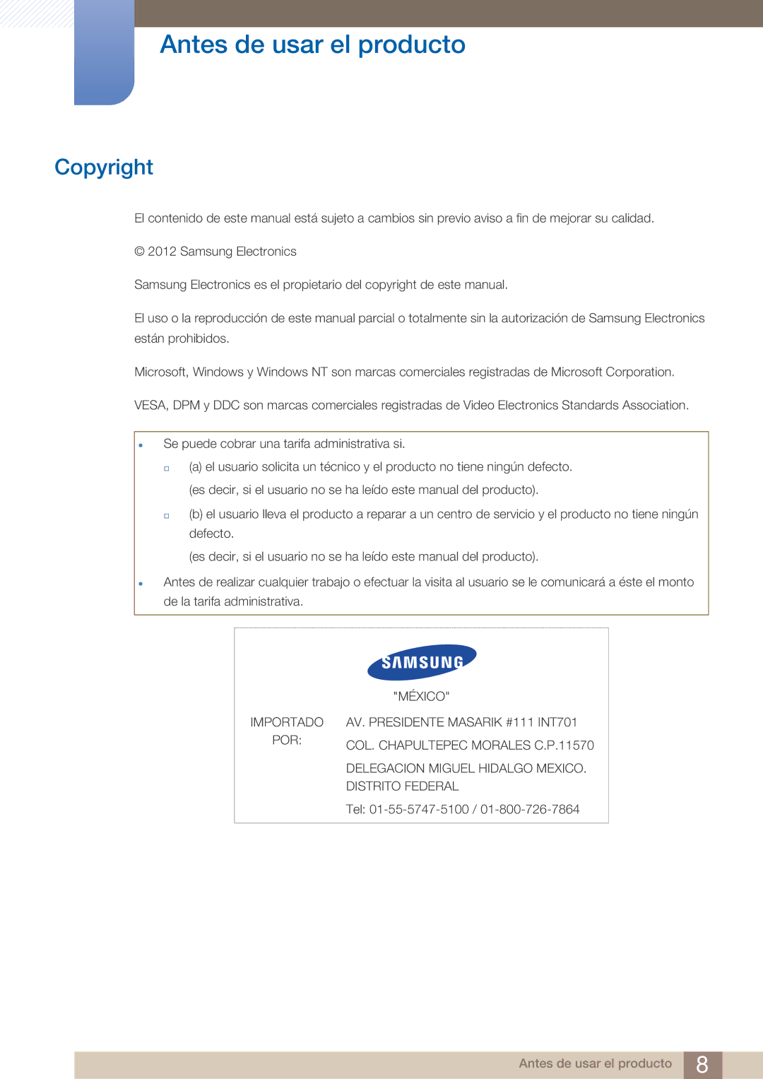 Samsung LF24TOWHBDM/EN, LF19TOWHBDM/EN, LF19TOWHBFM/EN manual Antes de usar el producto, Copyright 