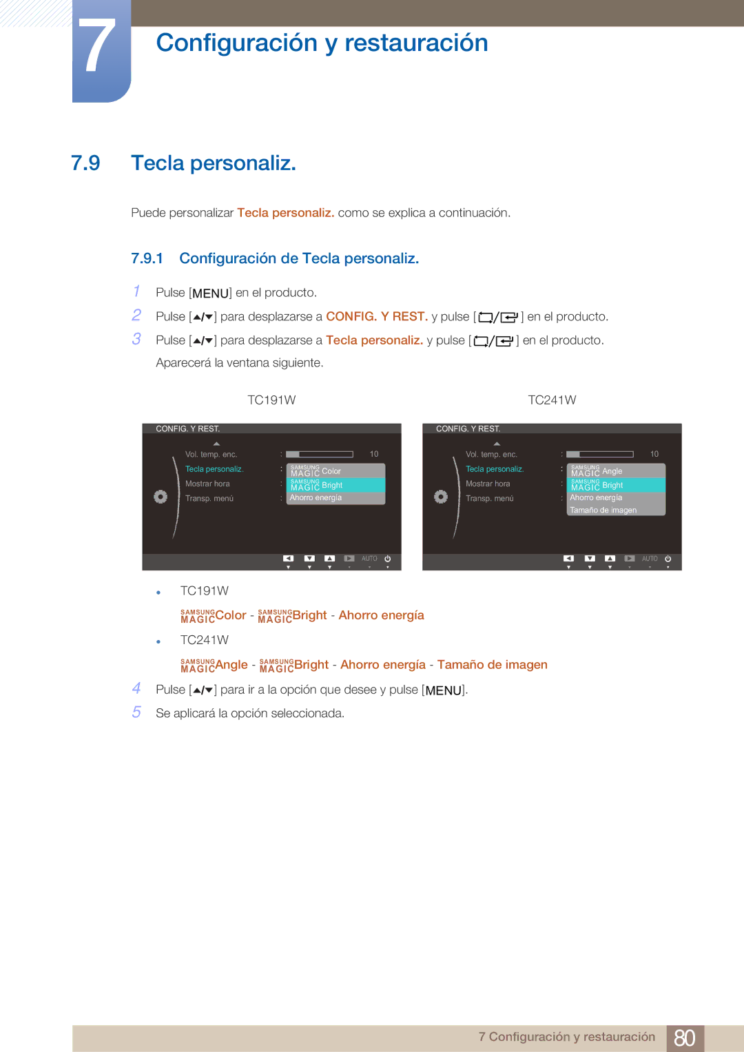 Samsung LF24TOWHBDM/EN, LF19TOWHBDM/EN, LF19TOWHBFM/EN manual Configuración de Tecla personaliz 