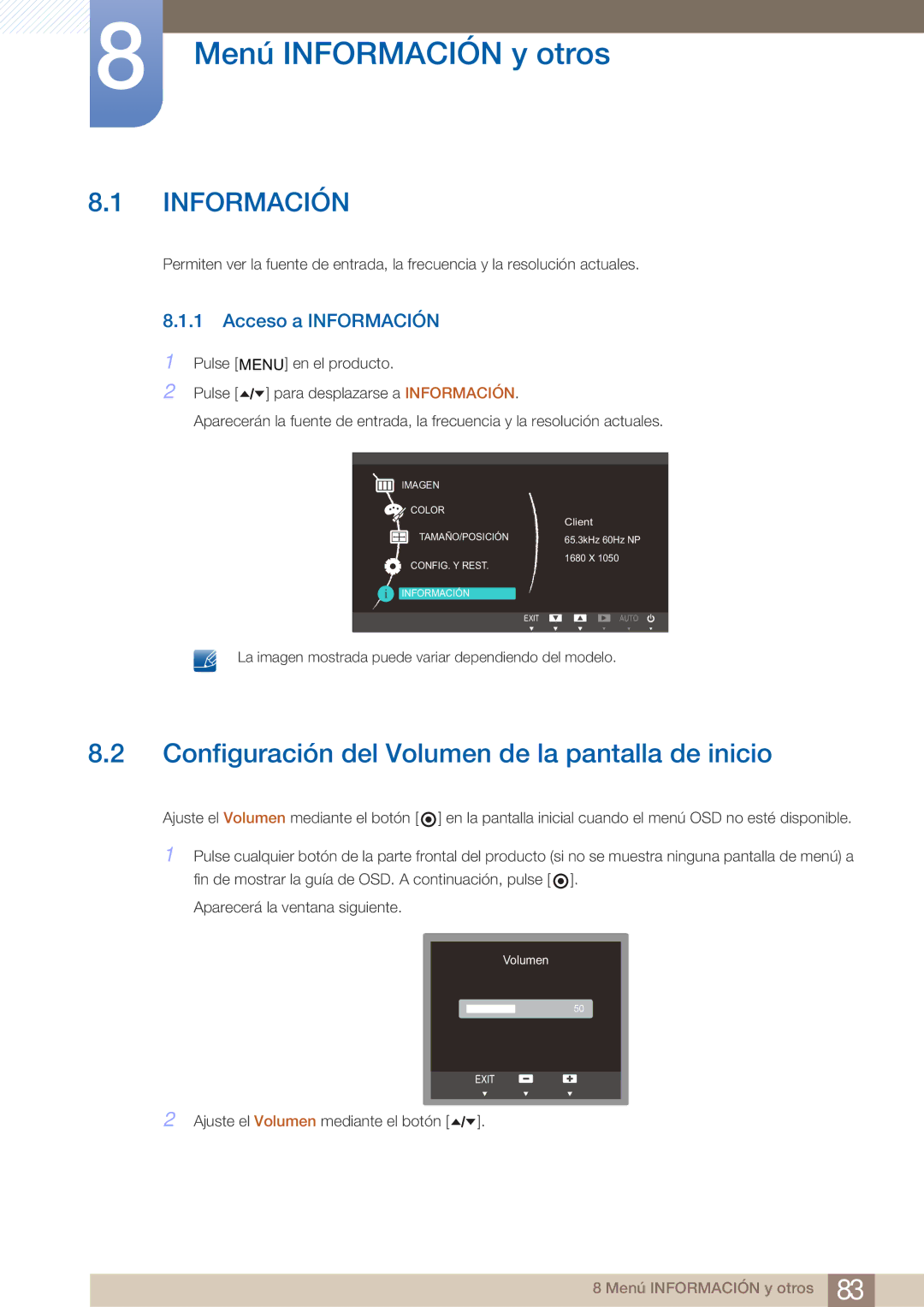 Samsung LF24TOWHBDM/EN Menú Información y otros, Configuración del Volumen de la pantalla de inicio, Acceso a Información 