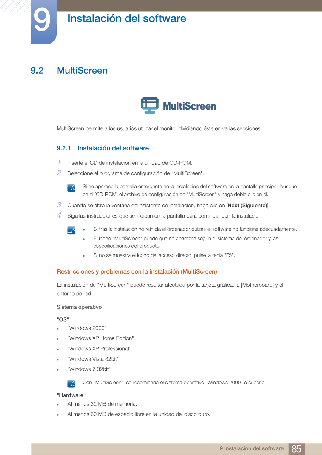 Samsung LF19TOWHBFM/EN manual Instalación del software, Restricciones y problemas con la instalación MultiScreen 