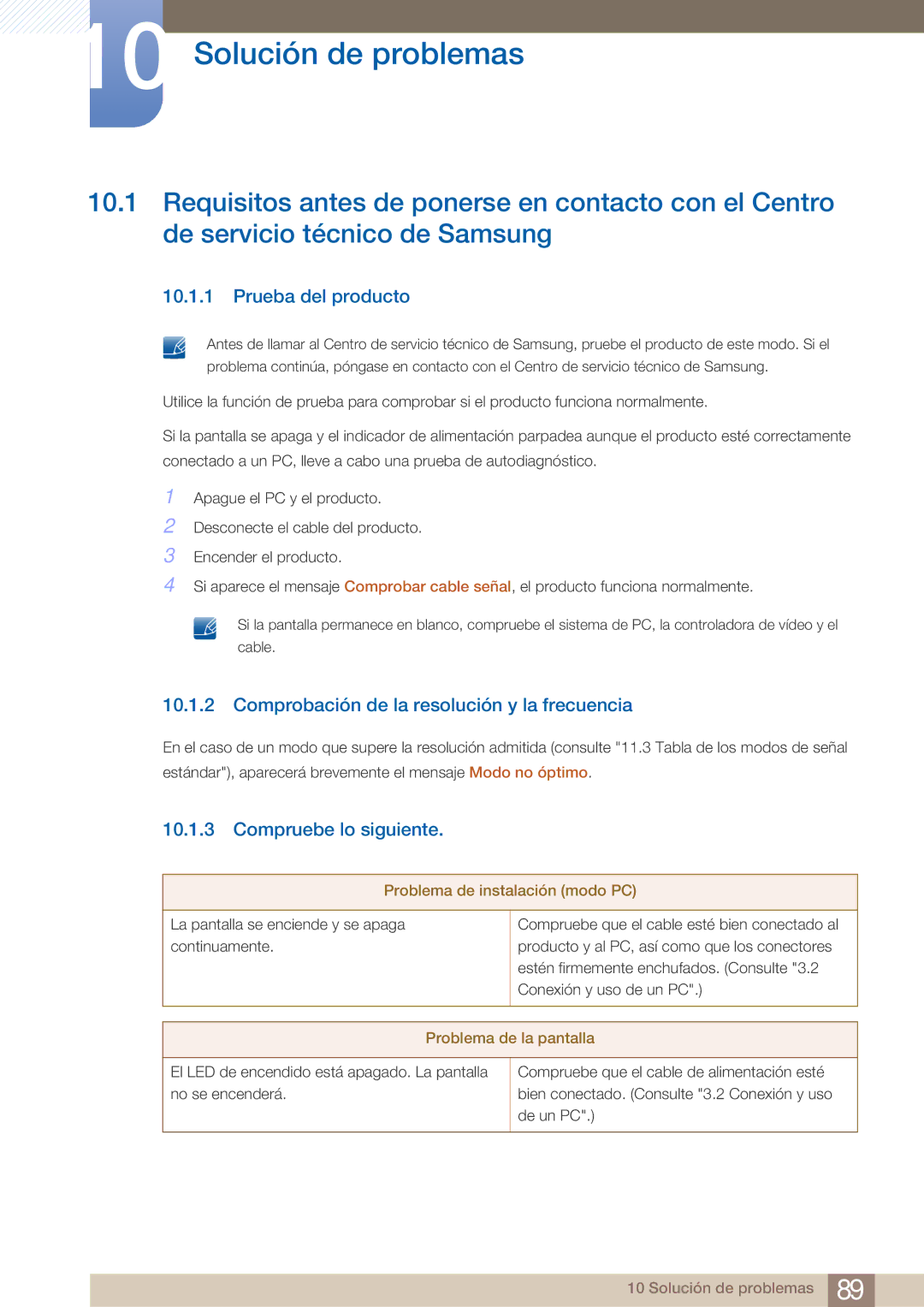 Samsung LF24TOWHBDM/EN manual Solución de problemas, Prueba del producto, Comprobación de la resolución y la frecuencia 