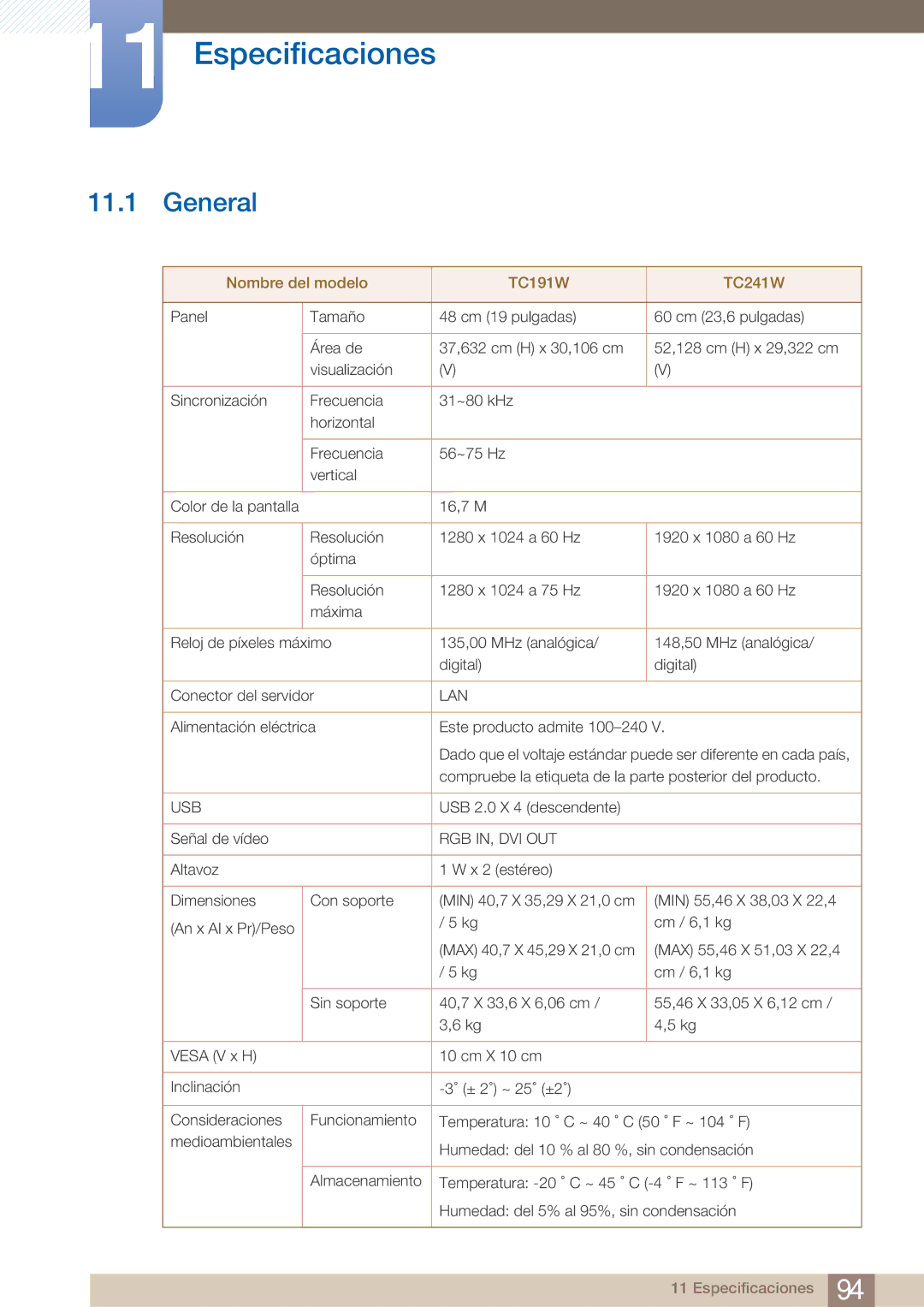 Samsung LF19TOWHBFM/EN, LF19TOWHBDM/EN, LF24TOWHBDM/EN manual Especificaciones, General 