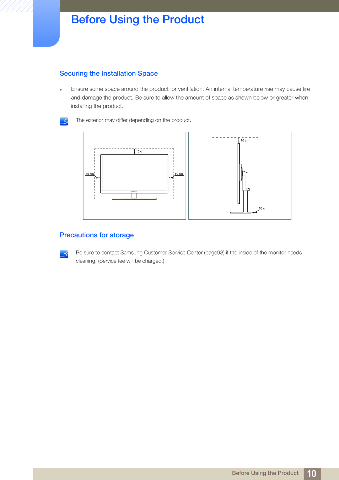 Samsung LF19TOWHBFM/XY, LF19TOWHBDM/EN, LF19TOWHBFM/EN manual Securing the Installation Space, Precautions for storage 