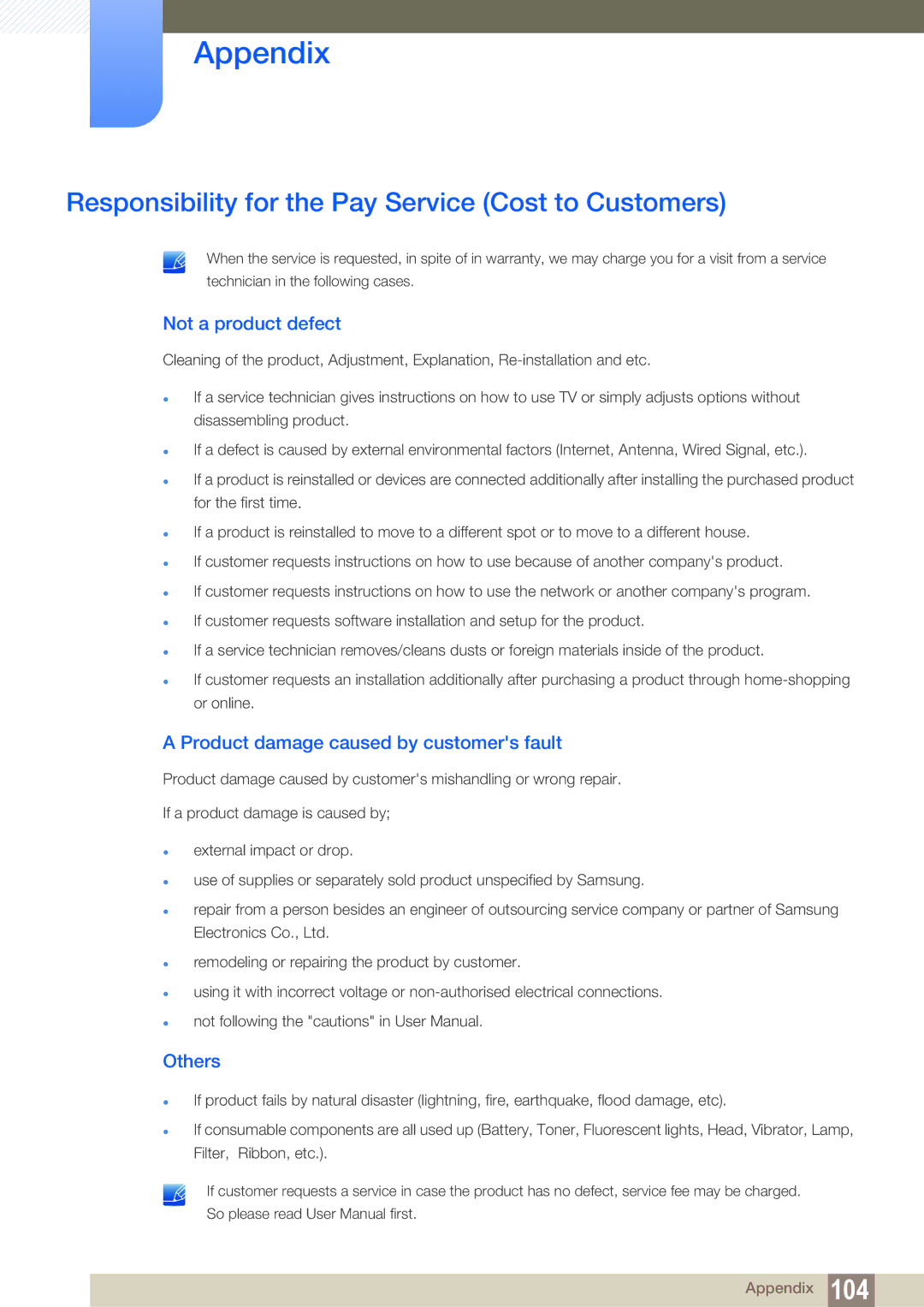 Samsung LF24TOWHBFM/UE, LF19TOWHBDM/EN Responsibility for the Pay Service Cost to Customers, Not a product defect, Others 