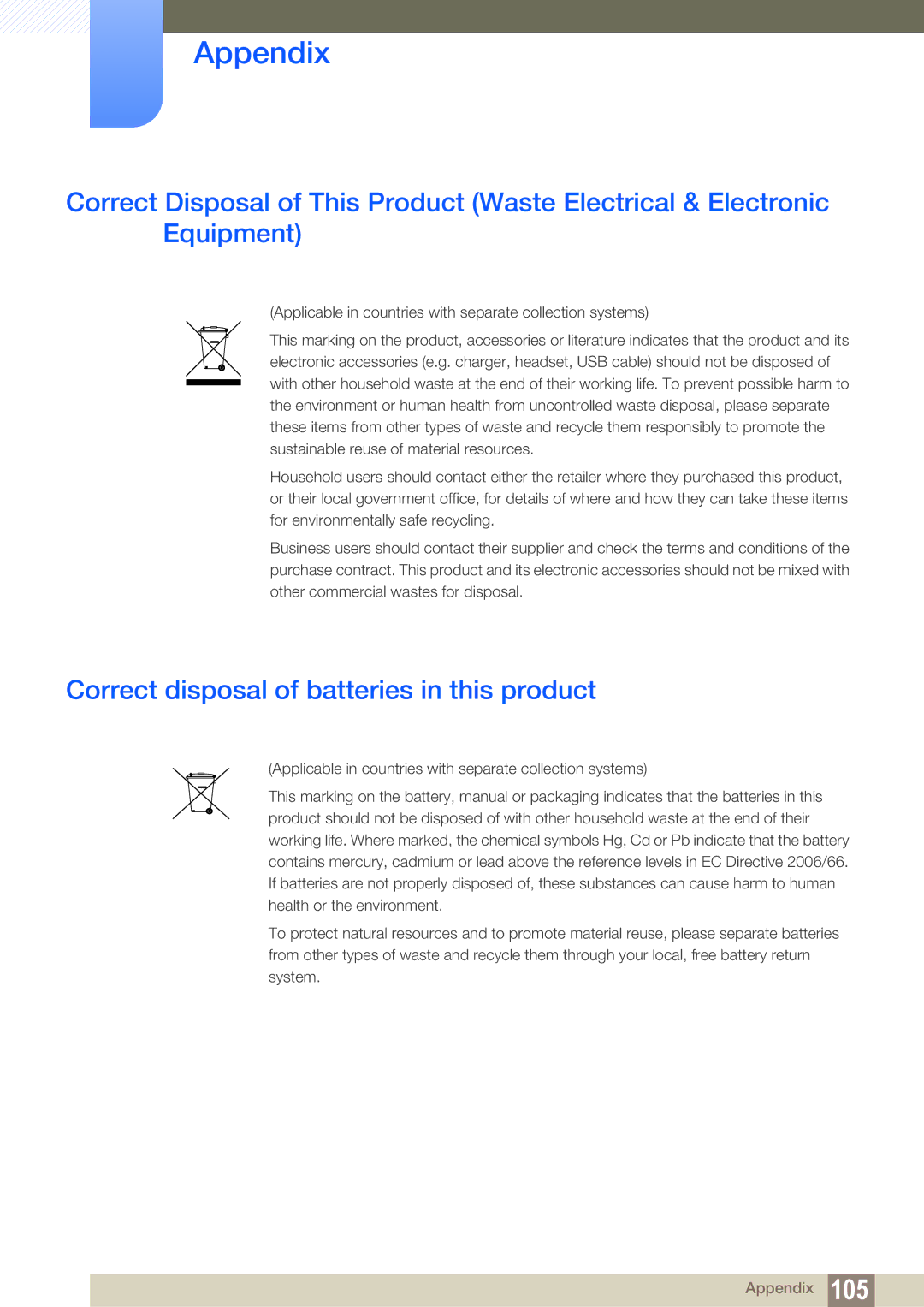 Samsung LF19TOWHBDM/XY, LF19TOWHBDM/EN, LF19TOWHBFM/EN, LF24TOWHBFM/EN manual Correct disposal of batteries in this product 