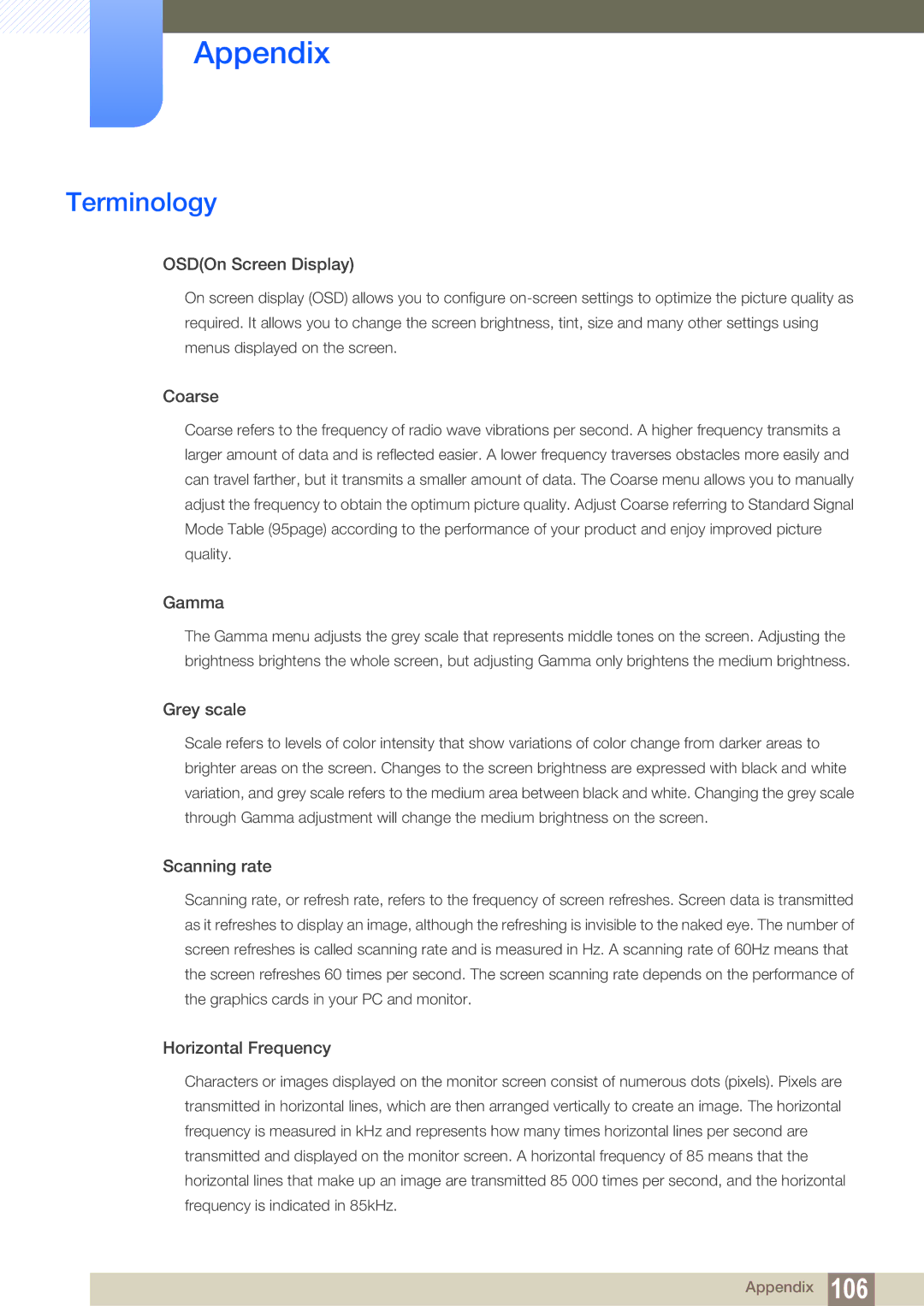 Samsung LF19TOWHBFM/XY, LF19TOWHBDM/EN, LF19TOWHBFM/EN, LF24TOWHBFM/EN, LF24TOWHBDM/EN manual Terminology, OSDOn Screen Display 