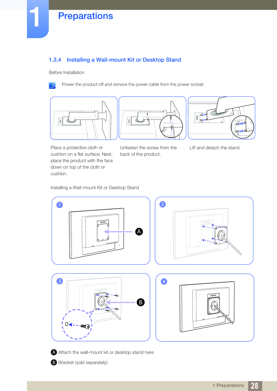 Samsung LF19TOWHBDM/XJ, LF19TOWHBDM/EN, LF19TOWHBFM/EN, LF24TOWHBFM/EN manual Installing a Wall-mount Kit or Desktop Stand 