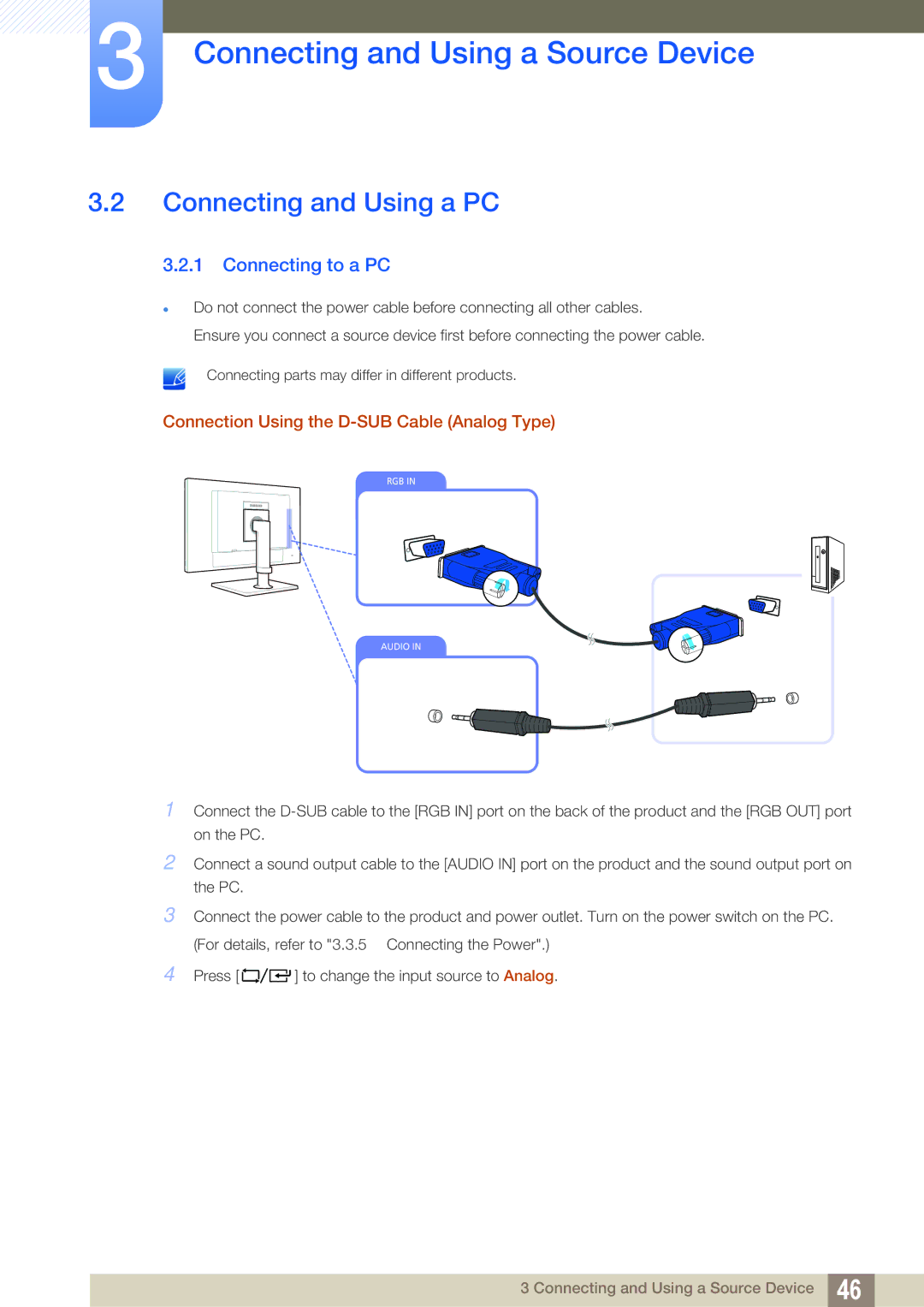 Samsung LF19TOWHBFM/XY manual Connecting and Using a PC, Connecting to a PC, Connection Using the D-SUB Cable Analog Type 