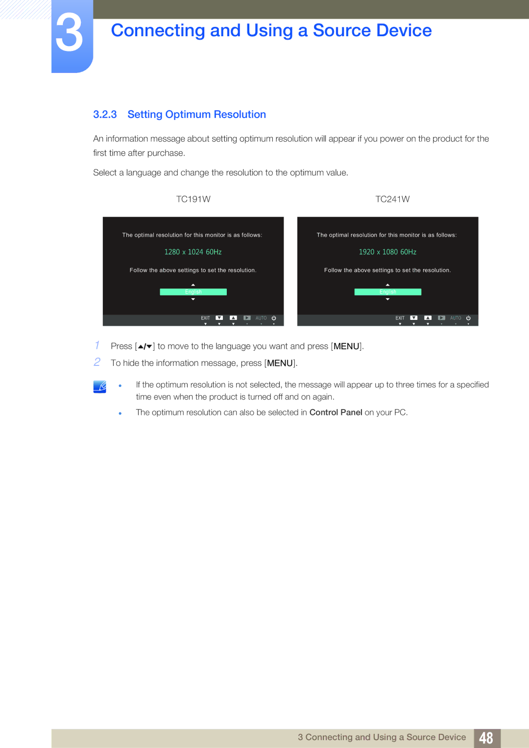 Samsung LF19TOWHBDM/EN, LF19TOWHBFM/EN, LF24TOWHBFM/EN, LF24TOWHBDM/EN manual Setting Optimum Resolution, + 