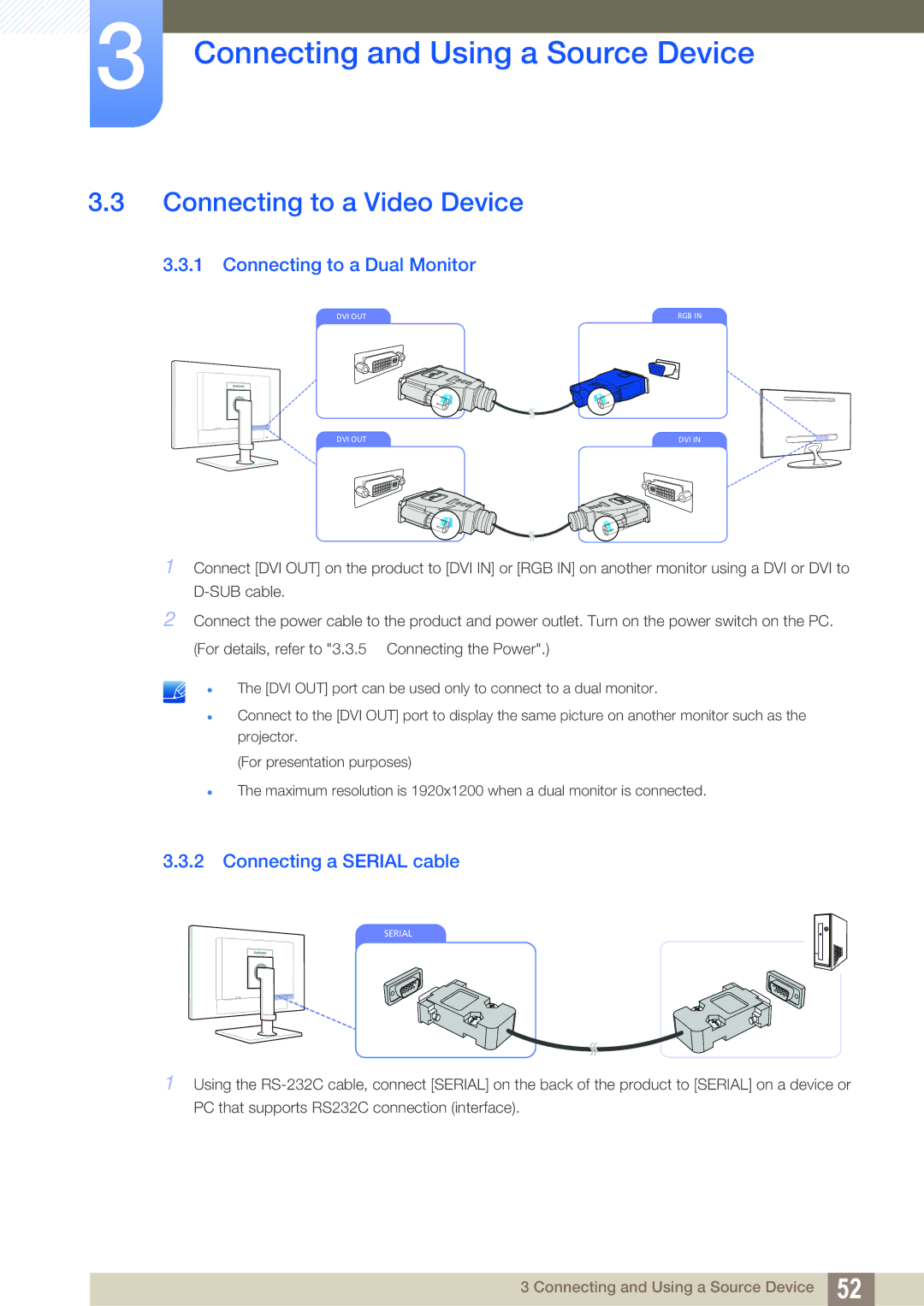 Samsung LF19TOWHBDM/XJ manual Connecting to a Video Device, Connecting to a Dual Monitor, Connecting a Serial cable 