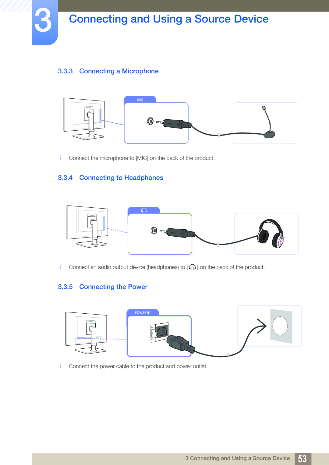 Samsung LF24TOWHBDM/XJ, LF19TOWHBDM/EN manual Connecting a Microphone, Connecting to Headphones, Connecting the Power 