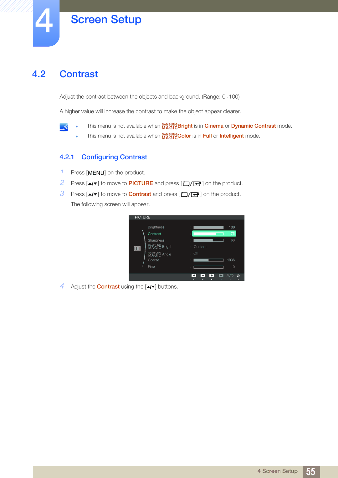 Samsung LF19TOWHBFM/UE, LF19TOWHBDM/EN, LF19TOWHBFM/EN, LF24TOWHBFM/EN, LF24TOWHBDM/EN manual Configuring Contrast 