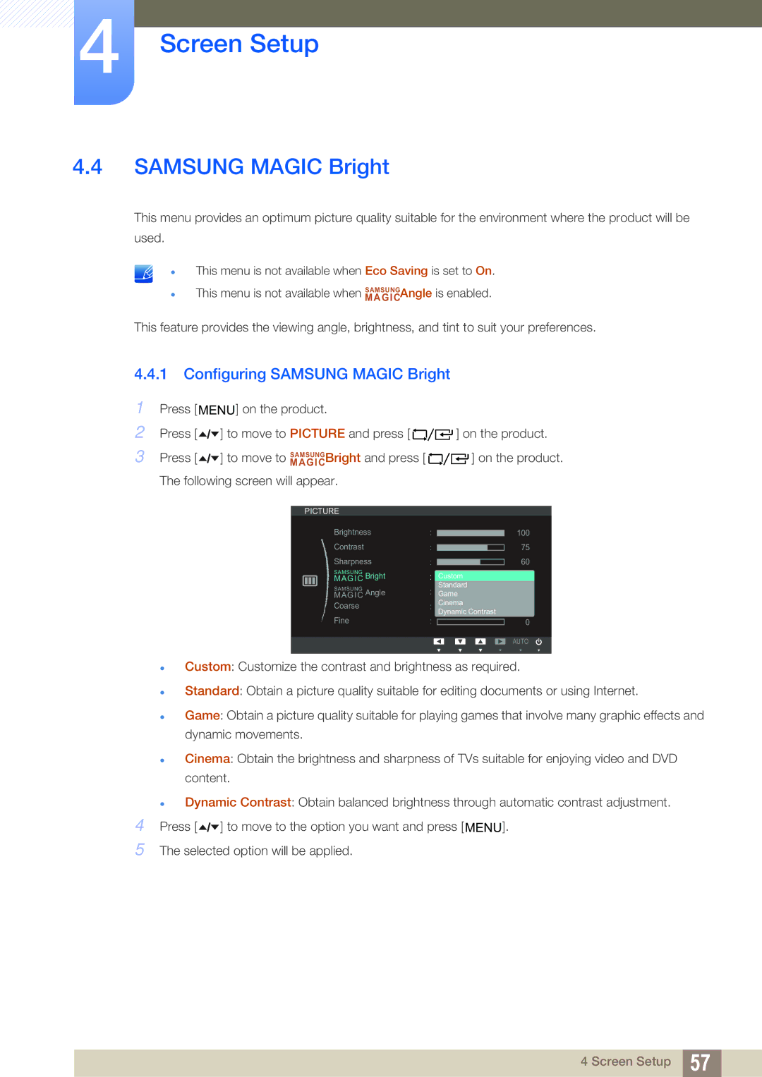 Samsung LF19TOWHBDM/XY, LF19TOWHBDM/EN, LF19TOWHBFM/EN, LF24TOWHBFM/EN, LF24TOWHBDM/EN Configuring Samsung Magic Bright 