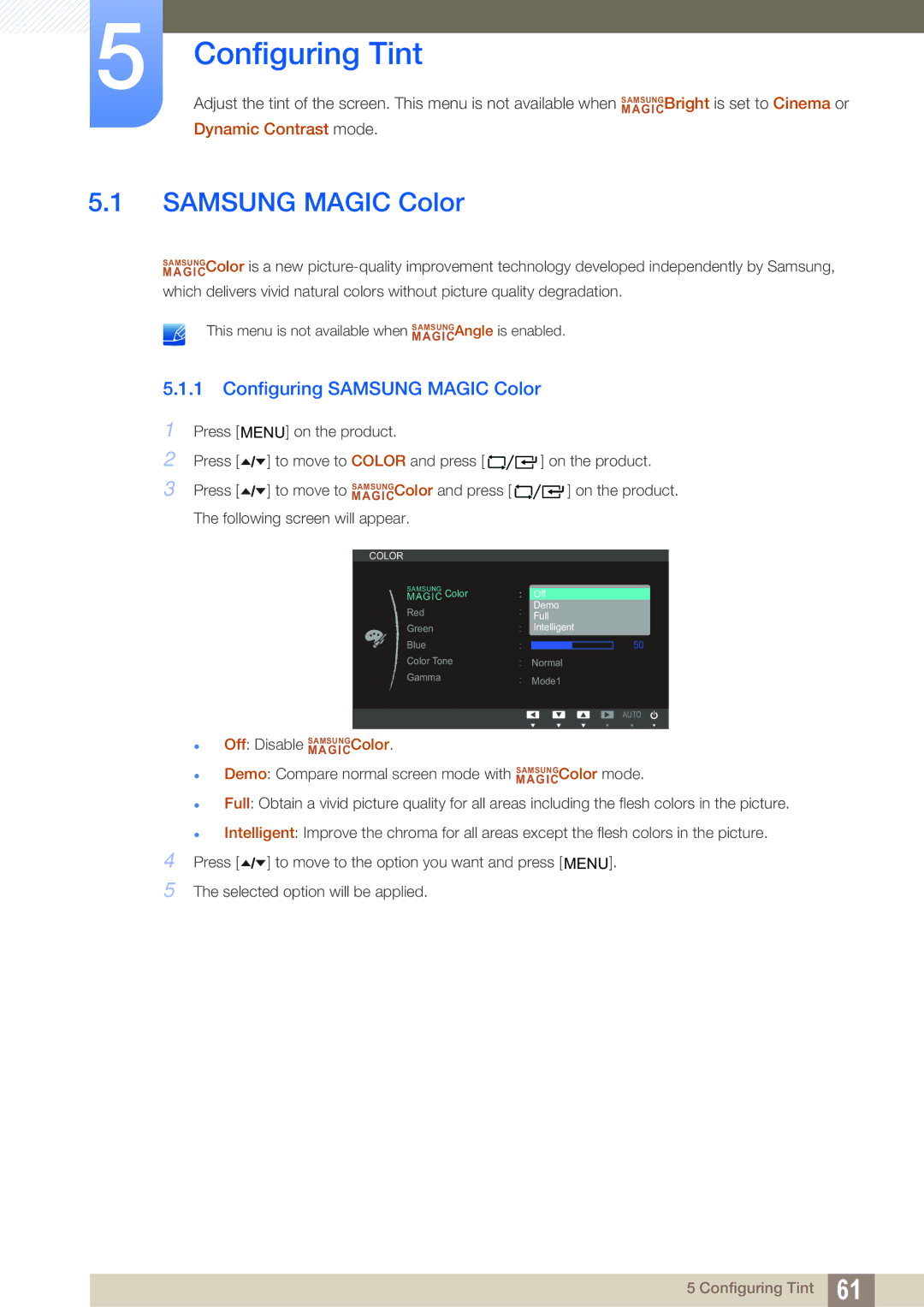 Samsung LF19TOWHBFM/EN, LF19TOWHBDM/EN, LF24TOWHBFM/EN, LF24TOWHBDM/EN Configuring Tint, Configuring Samsung Magic Color 