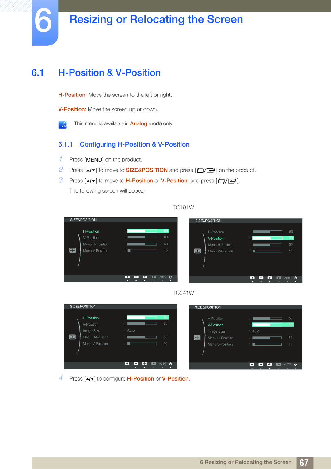 Samsung LF19TOWHBFM/UE, LF19TOWHBDM/EN manual Resizing or Relocating the Screen, Configuring H-Position & V-Position 