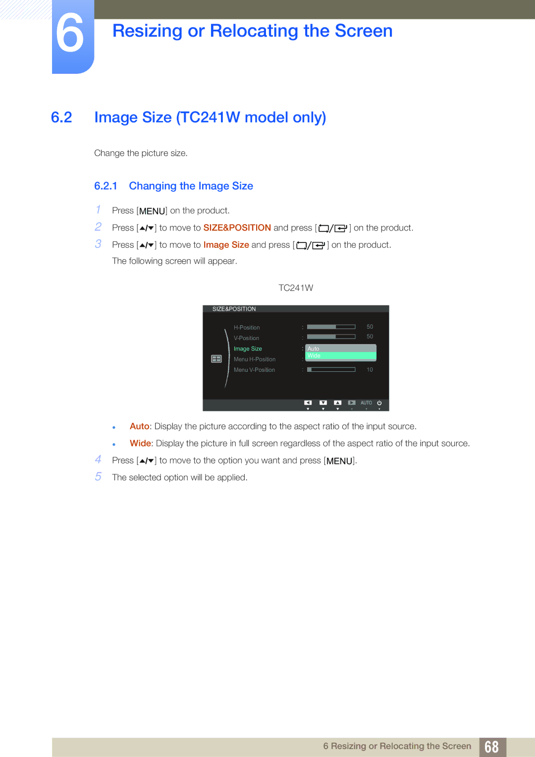 Samsung LF24TOWHBFM/UE, LF19TOWHBDM/EN, LF19TOWHBFM/EN, LF24TOWHBFM/EN Image Size TC241W model only, Changing the Image Size 