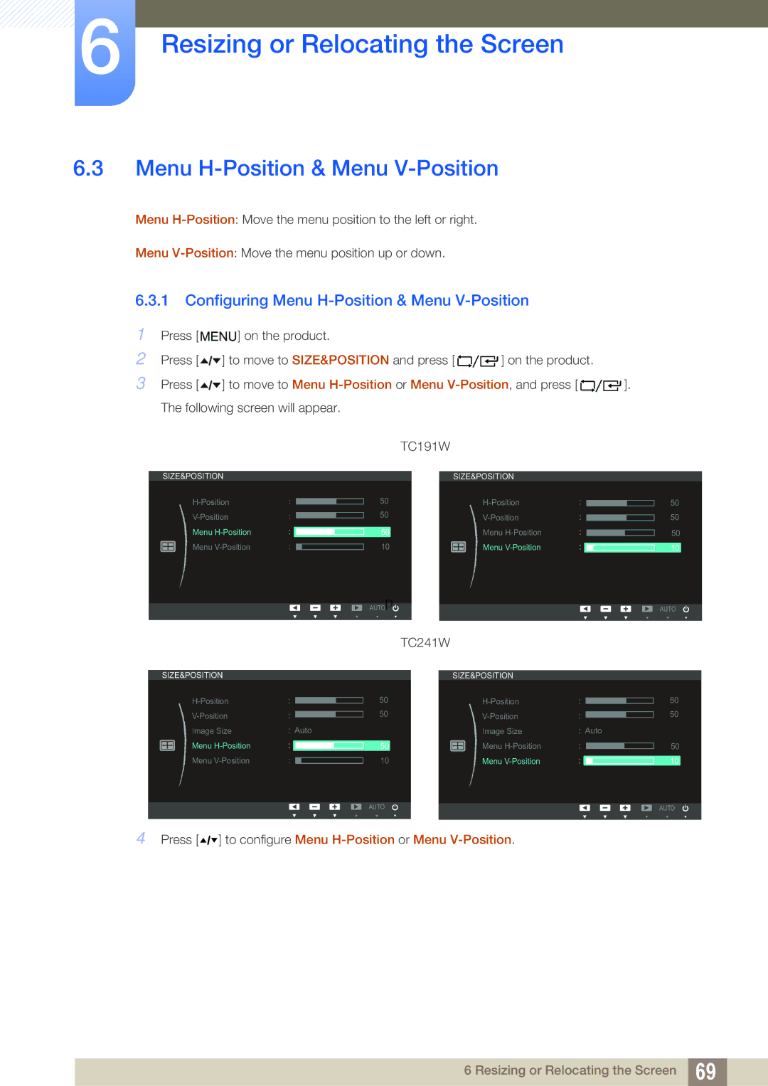 Samsung LF19TOWHBDM/XY, LF19TOWHBDM/EN, LF19TOWHBFM/EN, LF24TOWHBFM/EN Configuring Menu H-Position & Menu V-Position 