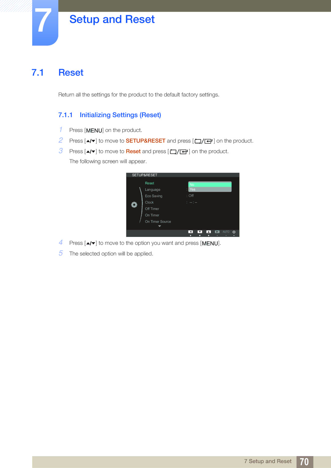 Samsung LF19TOWHBFM/XY, LF19TOWHBDM/EN, LF19TOWHBFM/EN, LF24TOWHBFM/EN manual Setup and Reset, Initializing Settings Reset 