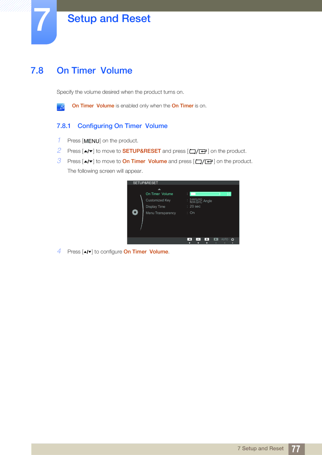 Samsung LF24TOWHBDM/XJ, LF19TOWHBDM/EN, LF19TOWHBFM/EN, LF24TOWHBFM/EN, LF24TOWHBDM/EN manual Configuring On Timer Volume 