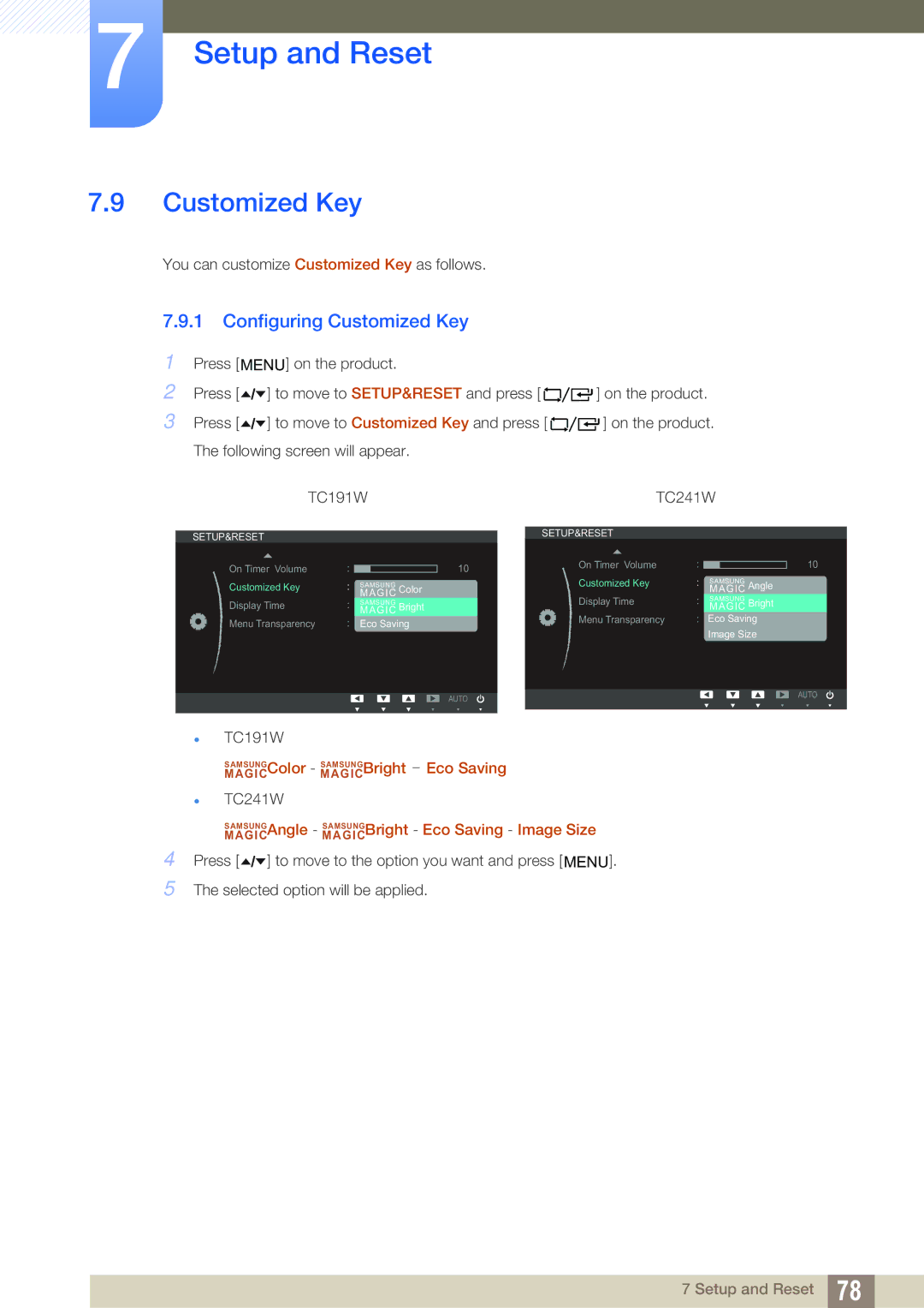 Samsung LF19TOWHBFM/NG, LF19TOWHBDM/EN, LF19TOWHBFM/EN, LF24TOWHBFM/EN, LF24TOWHBDM/EN manual Configuring Customized Key 