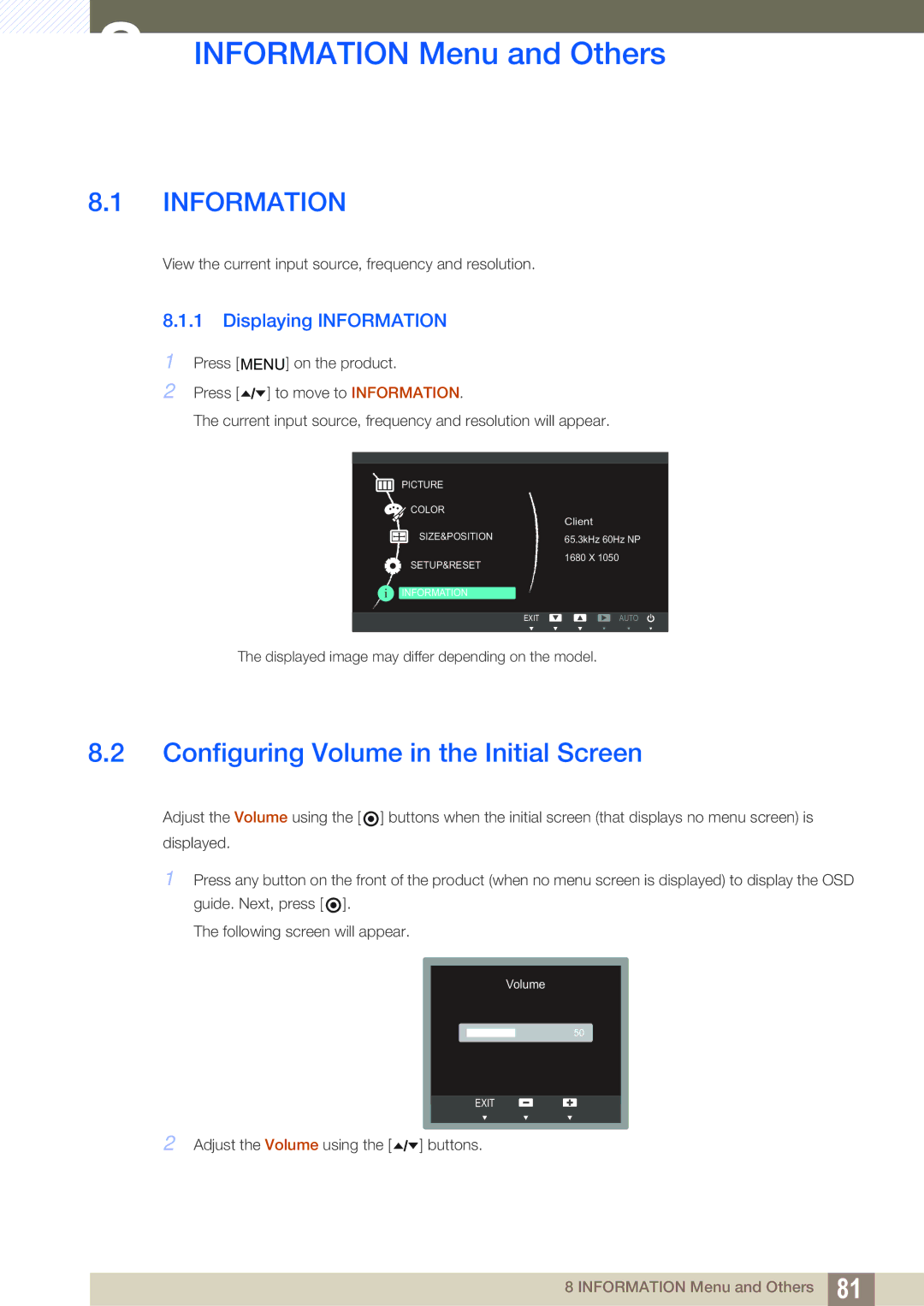 Samsung LF19TOWHBDM/XY manual Information Menu and Others, Configuring Volume in the Initial Screen, Displaying Information 